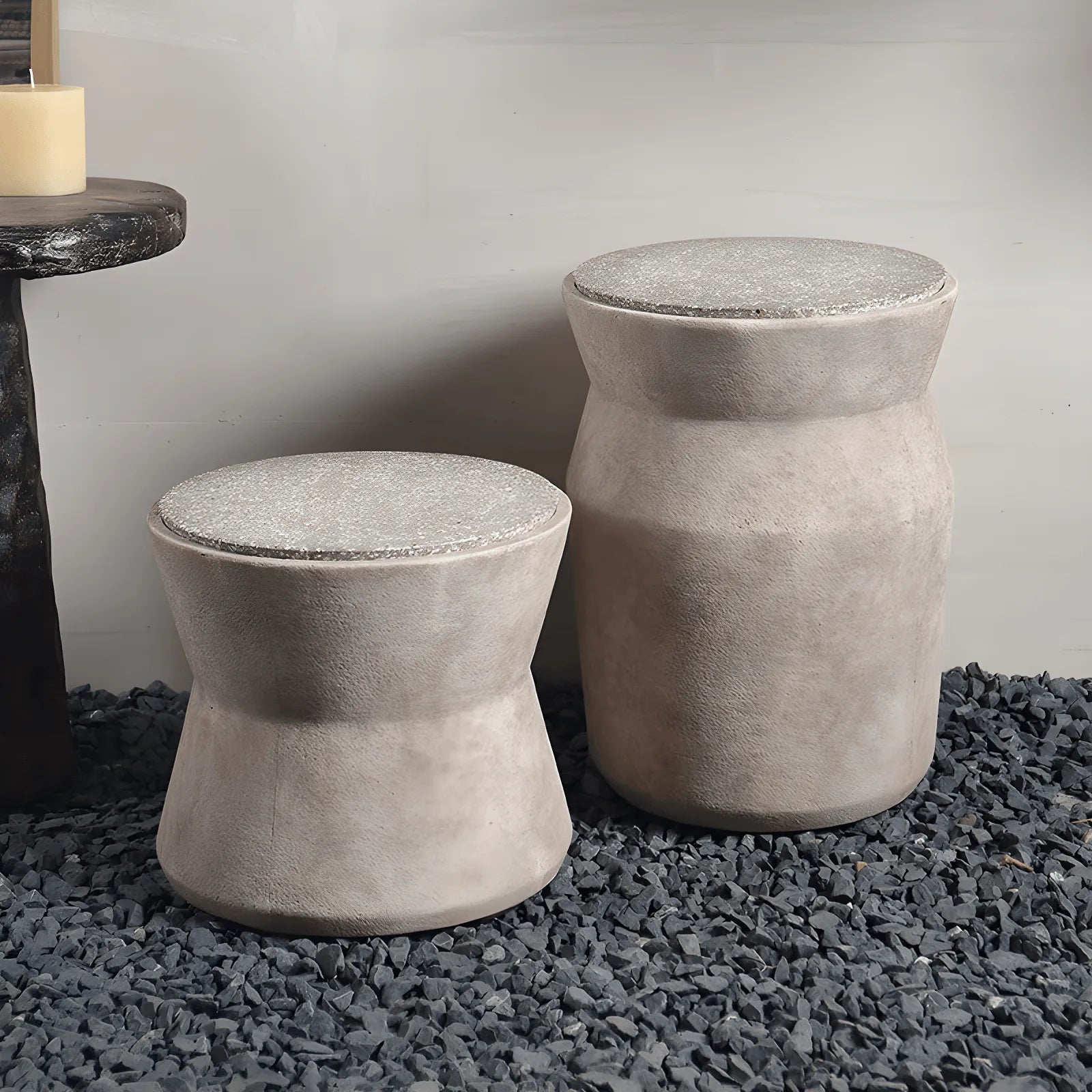 Sculptural Cement Drum Side Table Series in Wabi-Sabi Mineral Tones