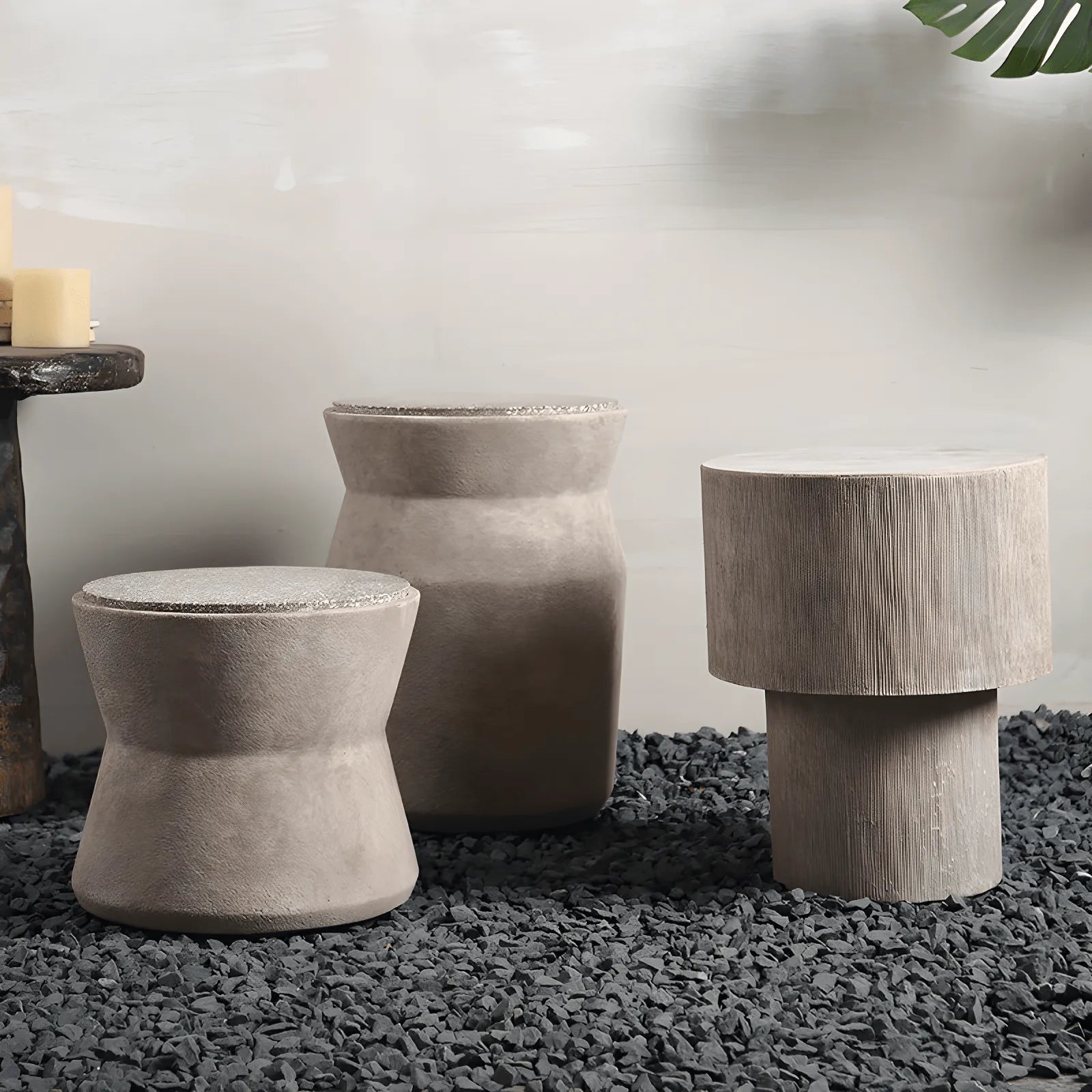 Sculptural Cement Drum Side Table Series in Wabi-Sabi Mineral Tones