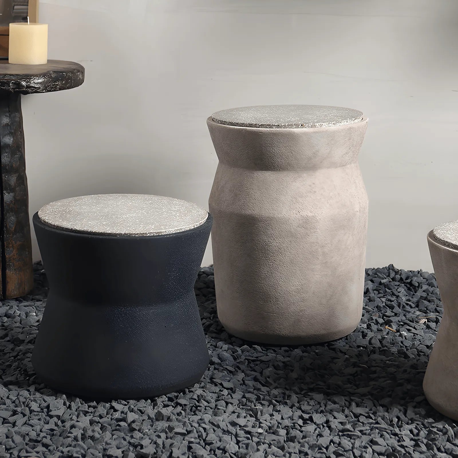 Sculptural Cement Drum Side Table Series in Wabi-Sabi Mineral Tones Main Product Image Image principale du produit