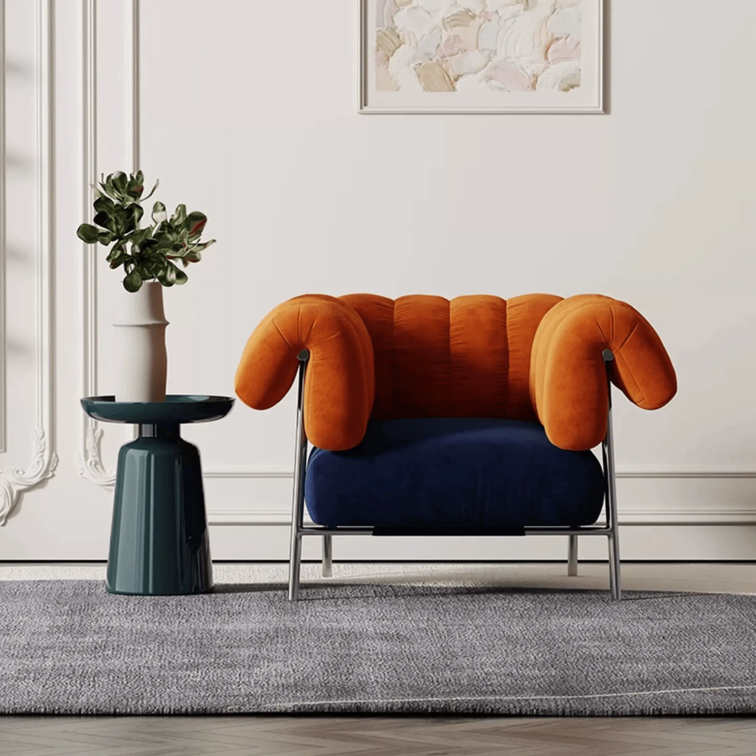 Sculptural Chenille Accent Chair with Curved Arms and Metal Base Secondary image