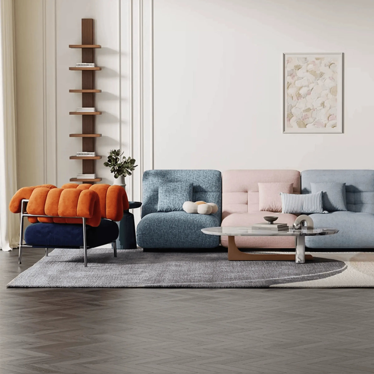 Sculptural Chenille Accent Chair with Curved Arms and Metal Base