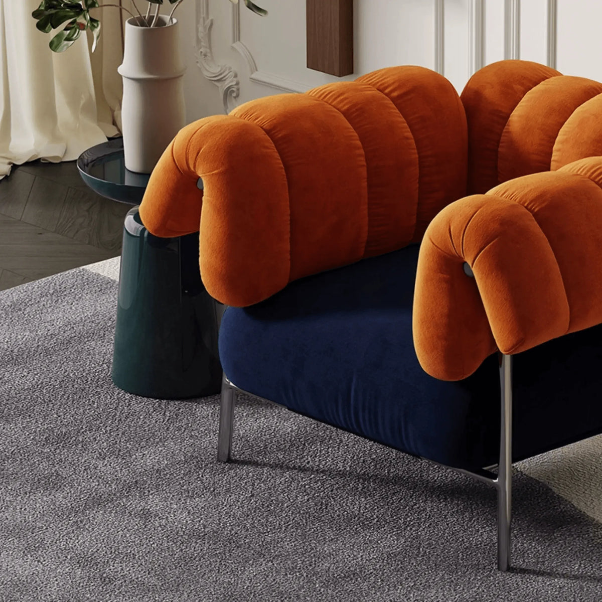 Sculptural Chenille Accent Chair with Curved Arms and Metal Base