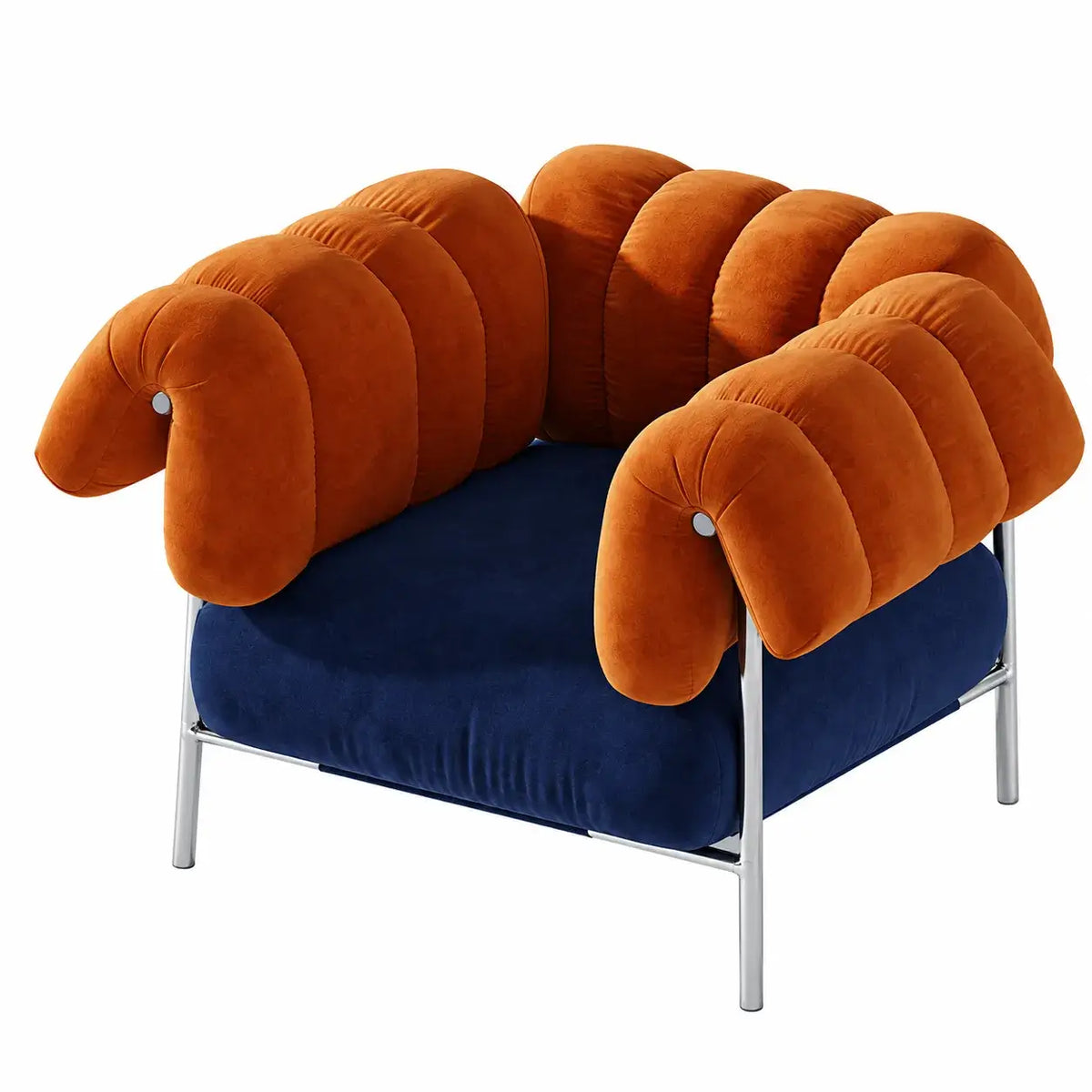Sculptural Chenille Accent Chair with Curved Arms and Metal Base
