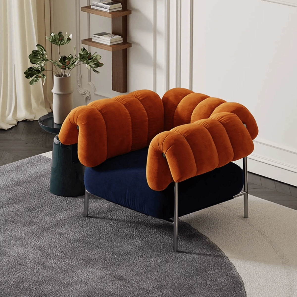 Sculptural Chenille Accent Chair with Curved Arms and Metal Base Main Product Image Main image