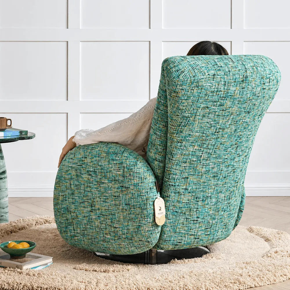 Sculptural Chenille Swivel Armchair With High Back and Steel Base