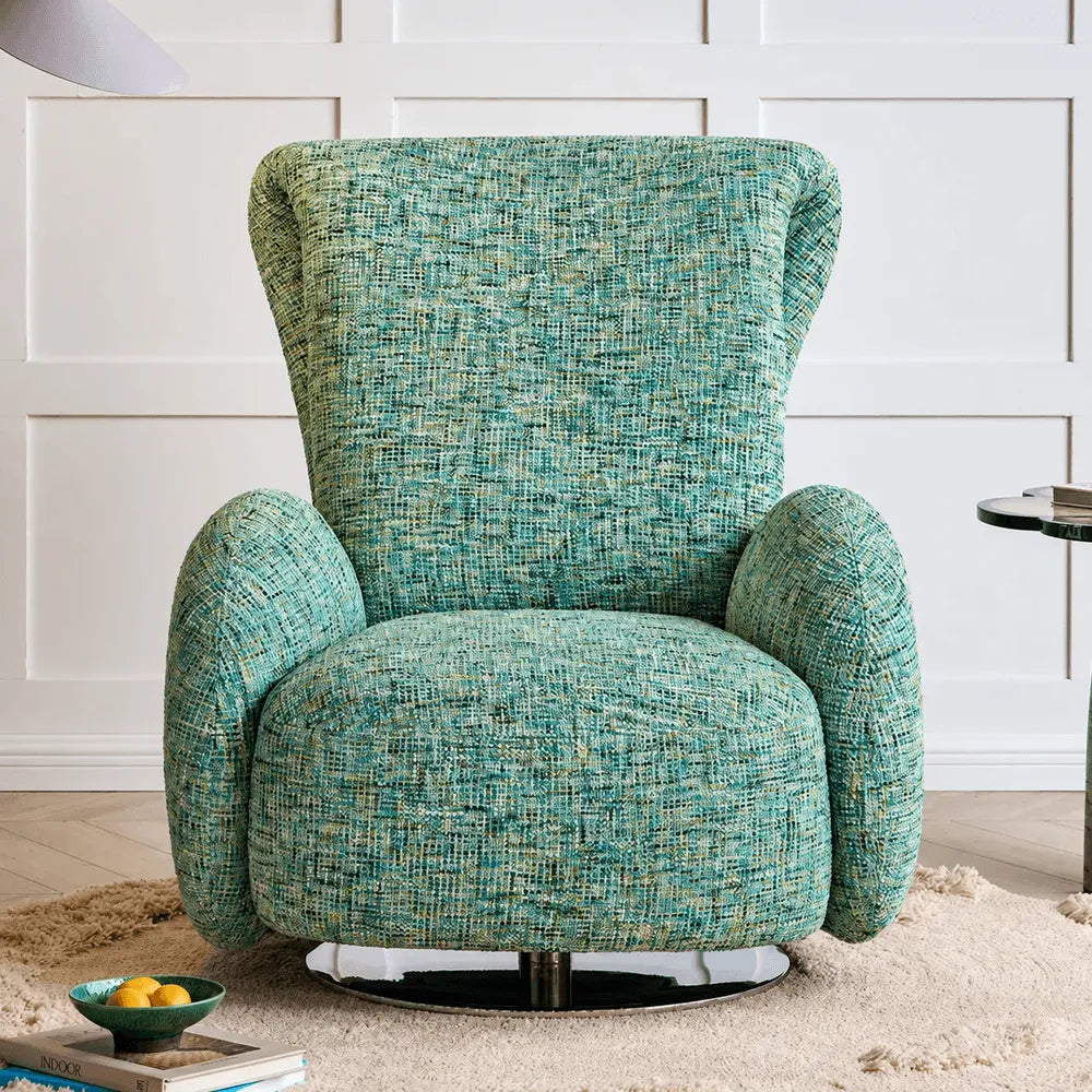 Sculptural Chenille Swivel Armchair With High Back and Steel Base
