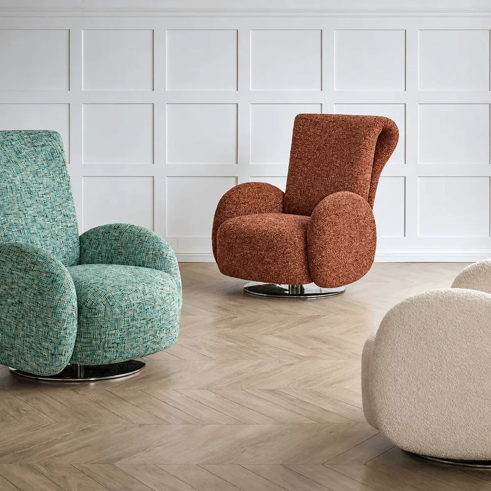 Sculptural Chenille Swivel Armchair With High Back and Steel Base