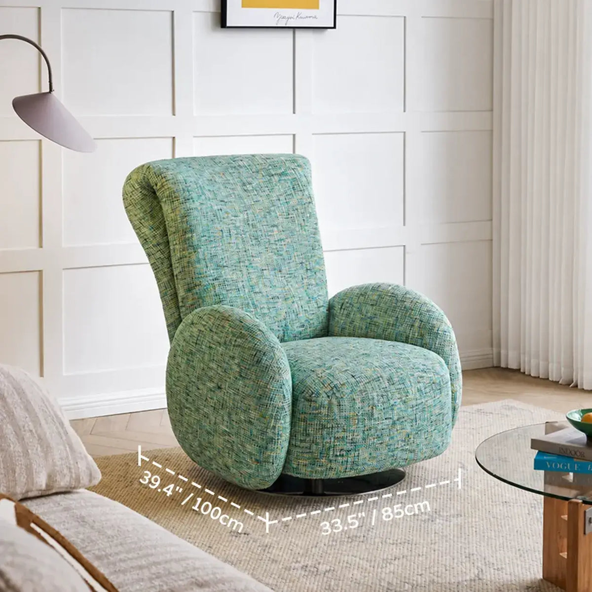 Sculptural Chenille Swivel Armchair With High Back and Steel Base