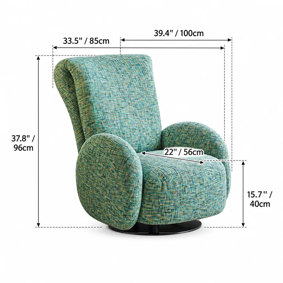 Sculptural Chenille Swivel Armchair With High Back and Steel Base Dimensions