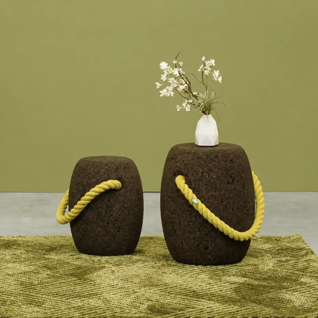 Sculptural Coffee Cork Stool and Natural Cork Side Table with Rope Handle