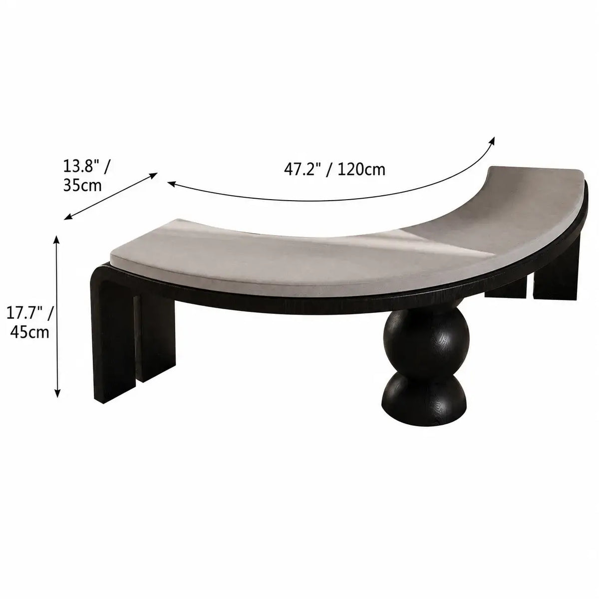 Sculptural Crescent Bench in Black and Cream, Retro Luxe Accent Seating Dimensions