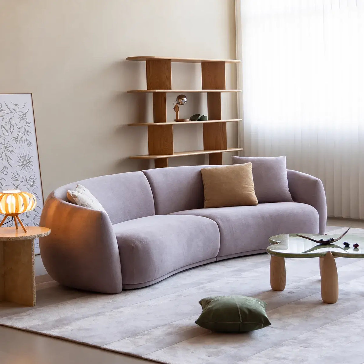 Sculptural Curved Chenille Sofa for Soft French Minimalist Living