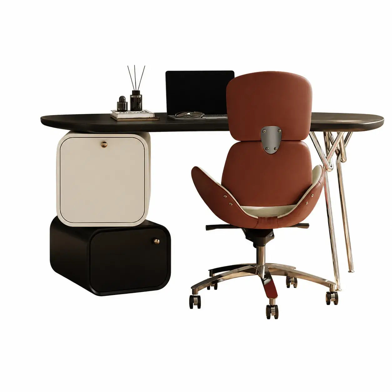 Sculptural Curved Office Desk and Leather Chair Set With Storage
