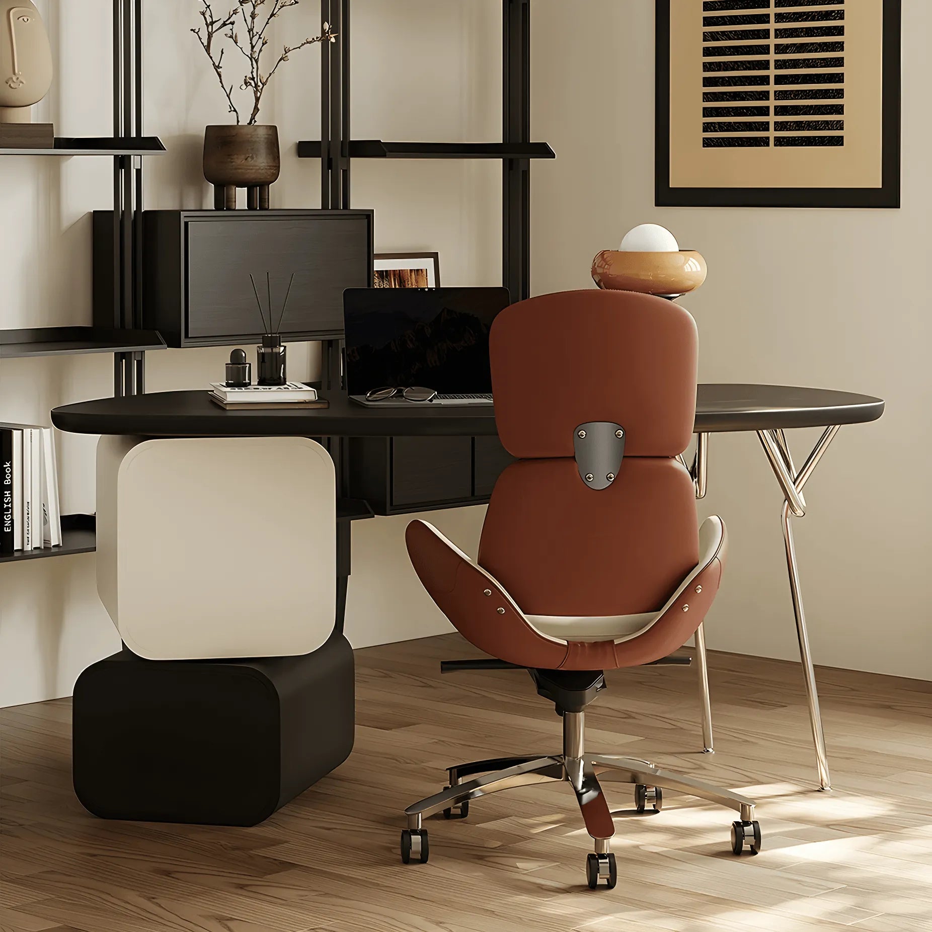 Sculptural Curved Office Desk and Leather Chair Set With Storage