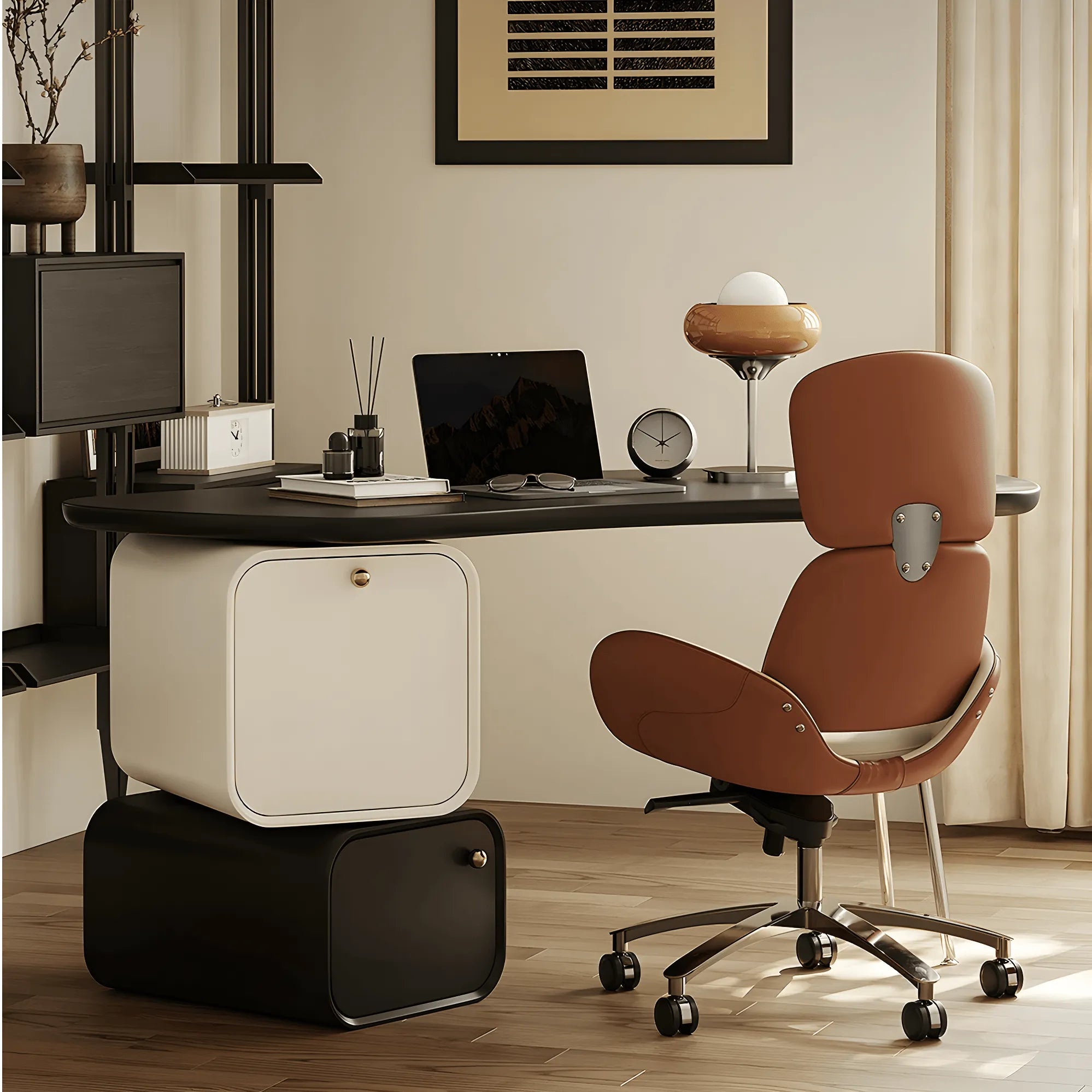 Sculptural Curved Office Desk and Leather Chair Set With Storage
