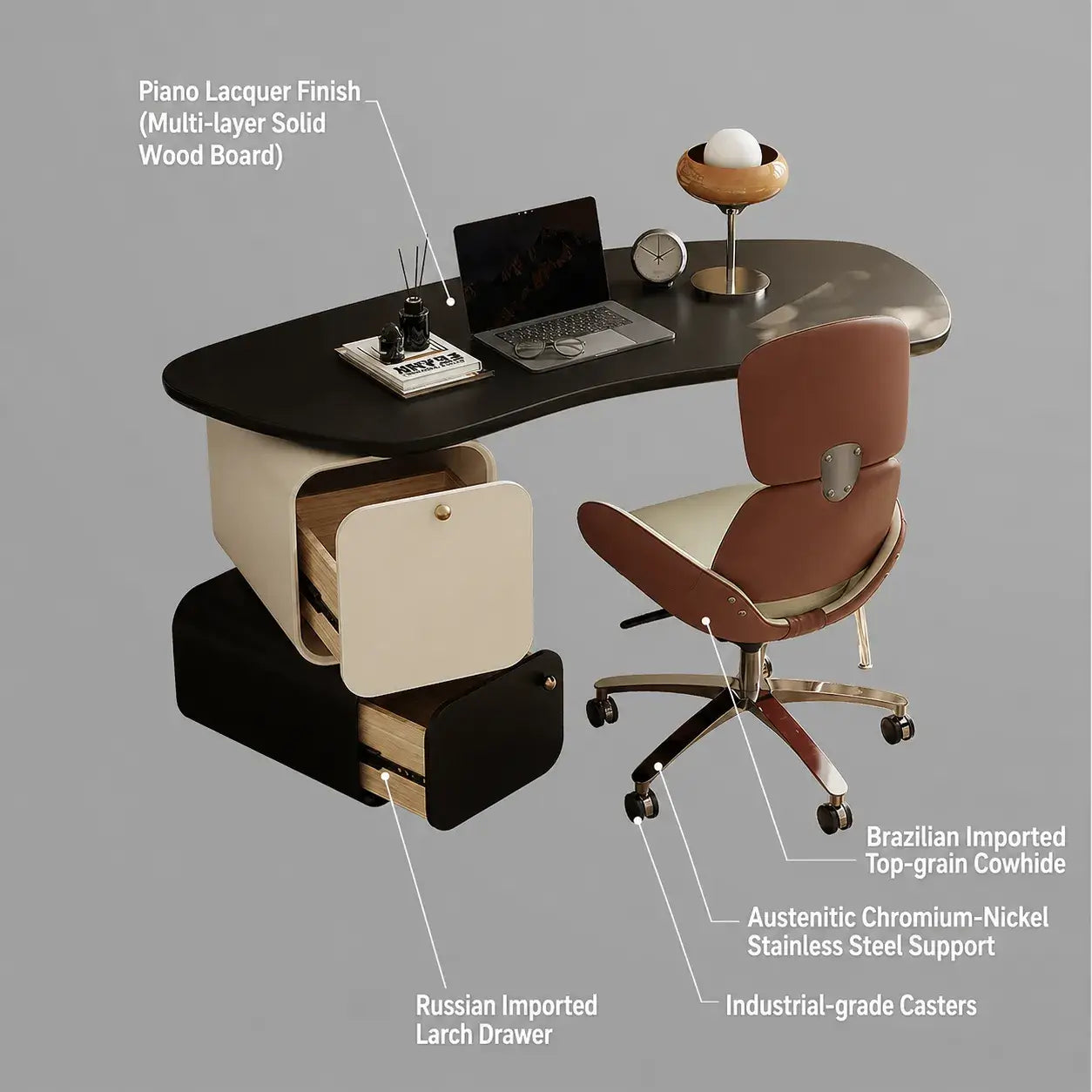 Sculptural Curved Office Desk and Leather Chair Set With Storage