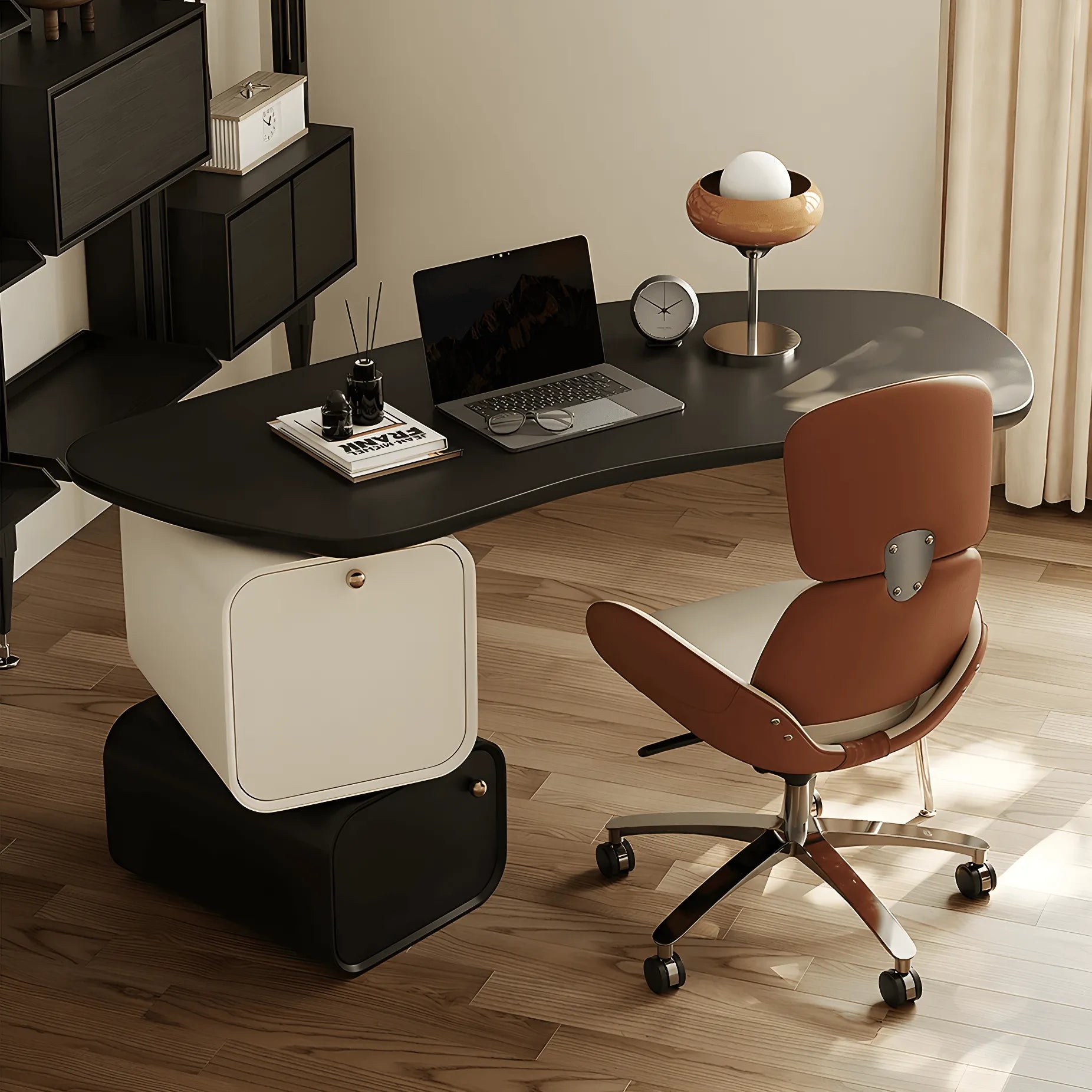 Sculptural Curved Office Desk and Leather Chair Set With Storage