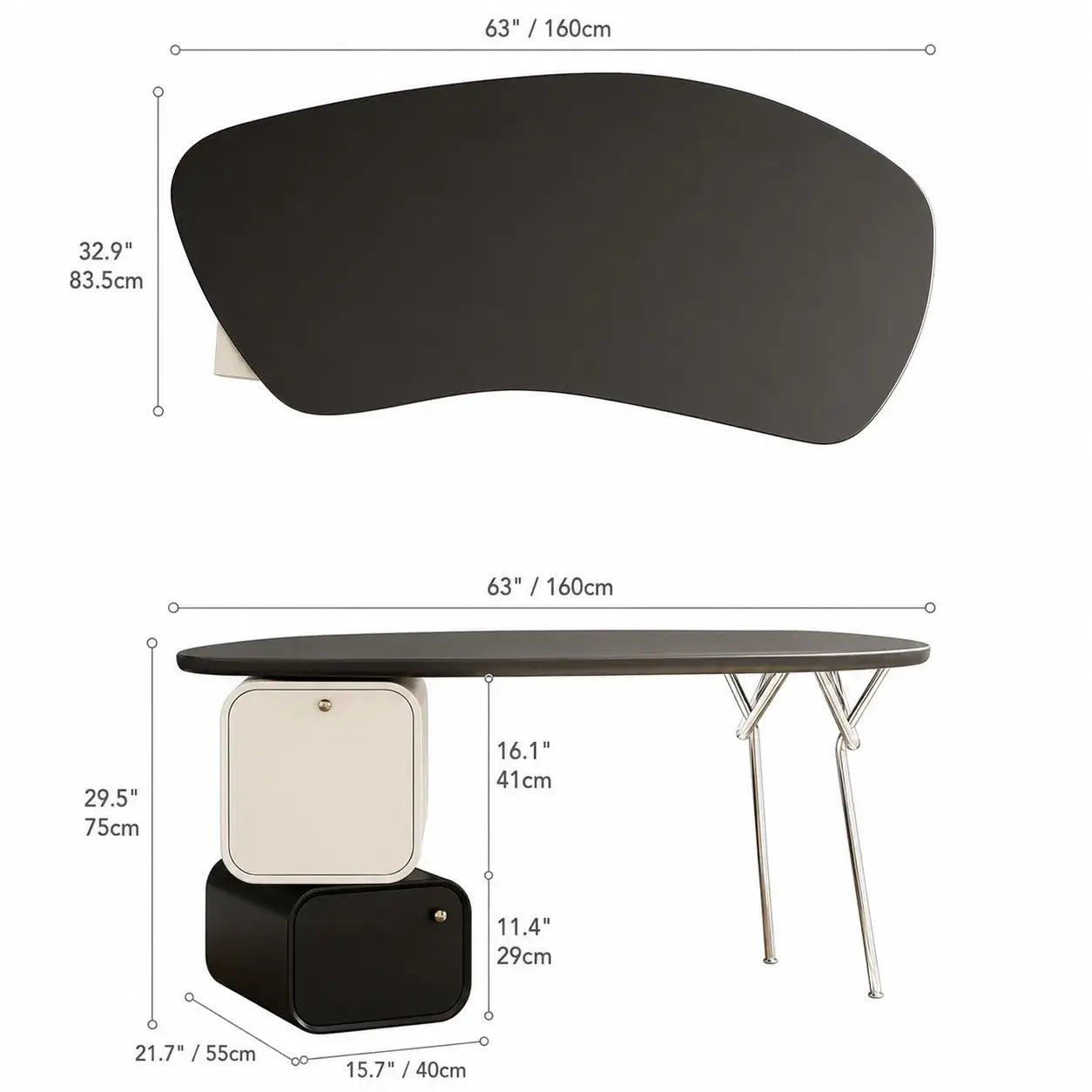 Sculptural Curved Office Desk and Leather Chair Set With Storage Dimensions