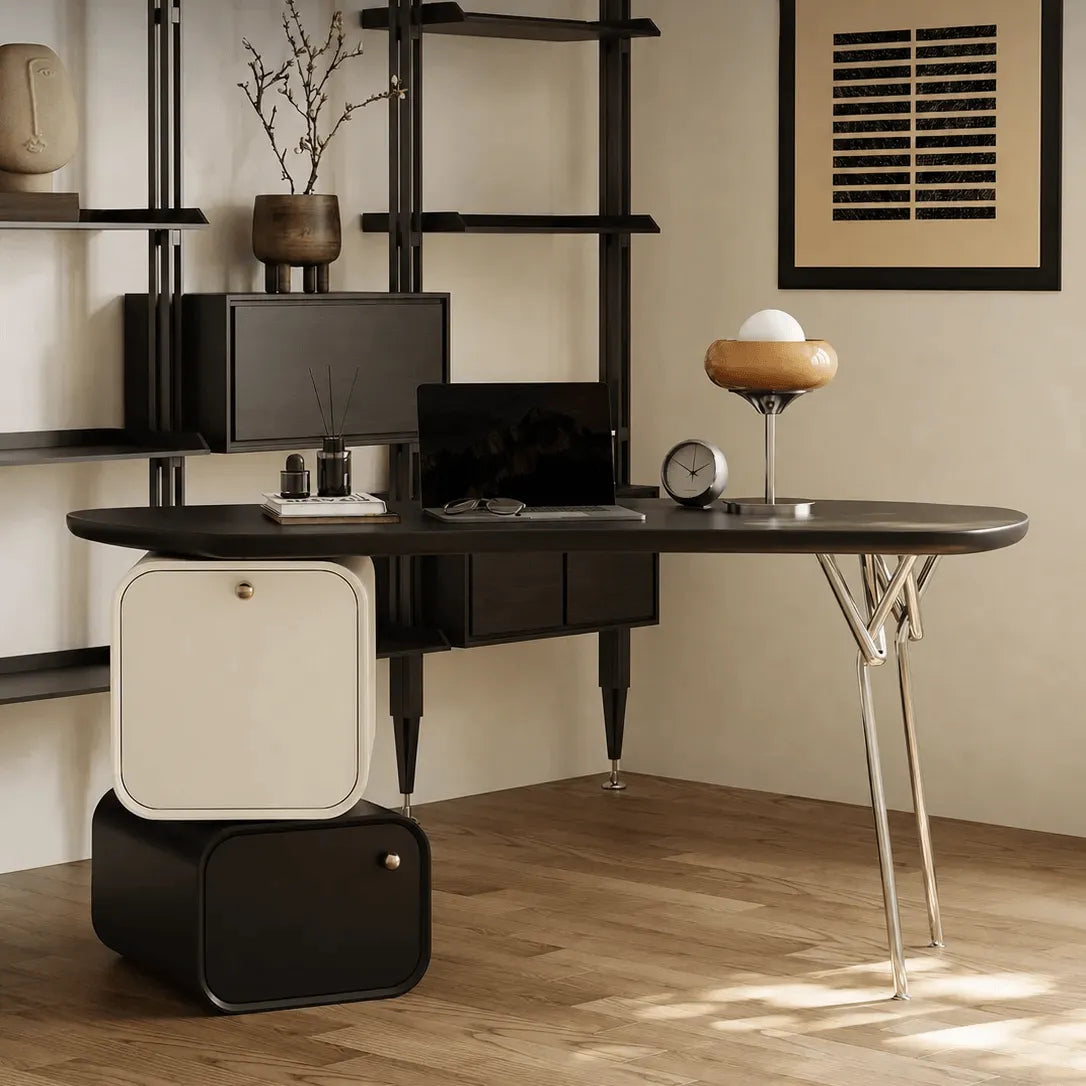 Sculptural Curved Office Desk and Leather Chair Set With Storage Main Product Image