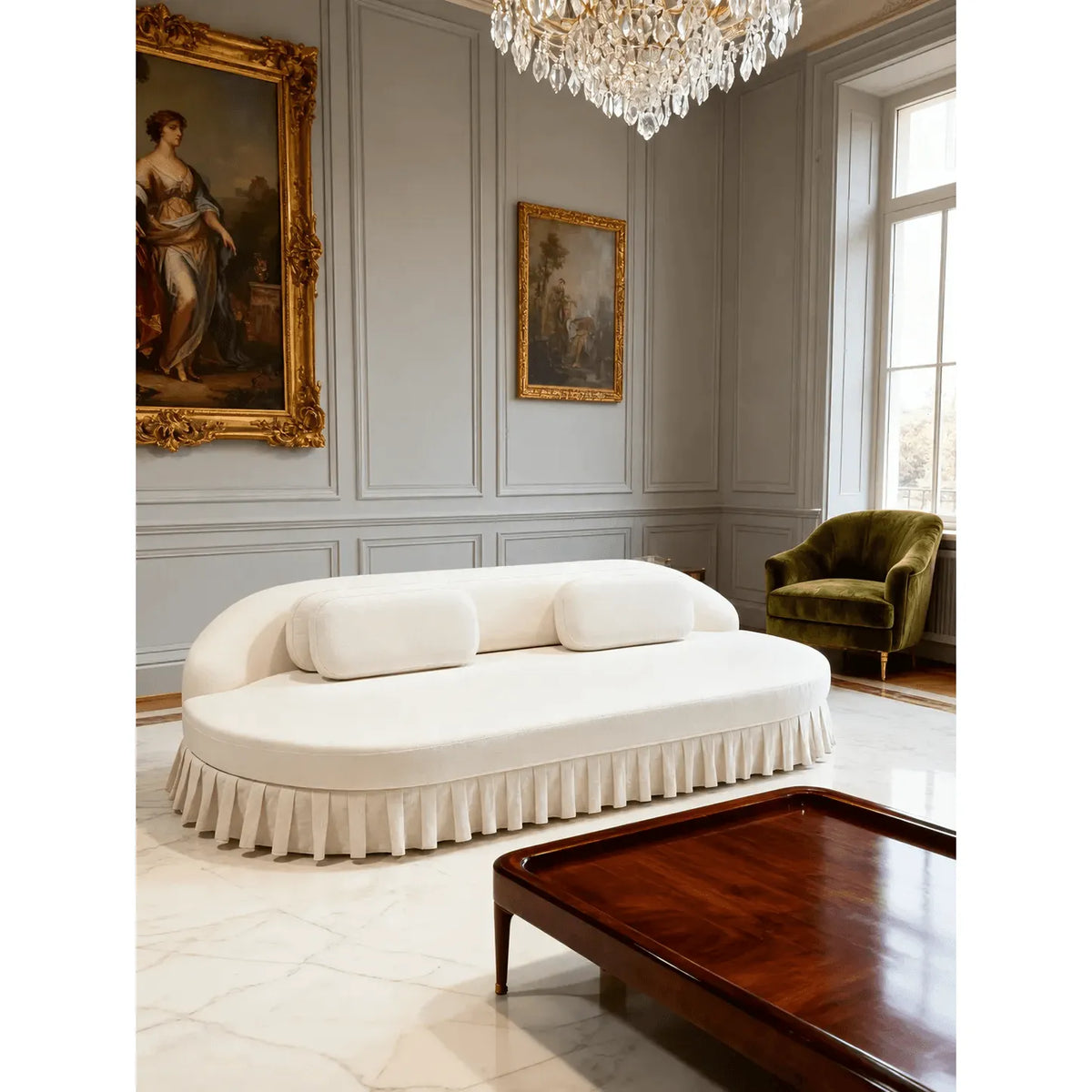 Sculptural Curved Ruffle Skirt Sofa With Wraparound Back and Low Profile