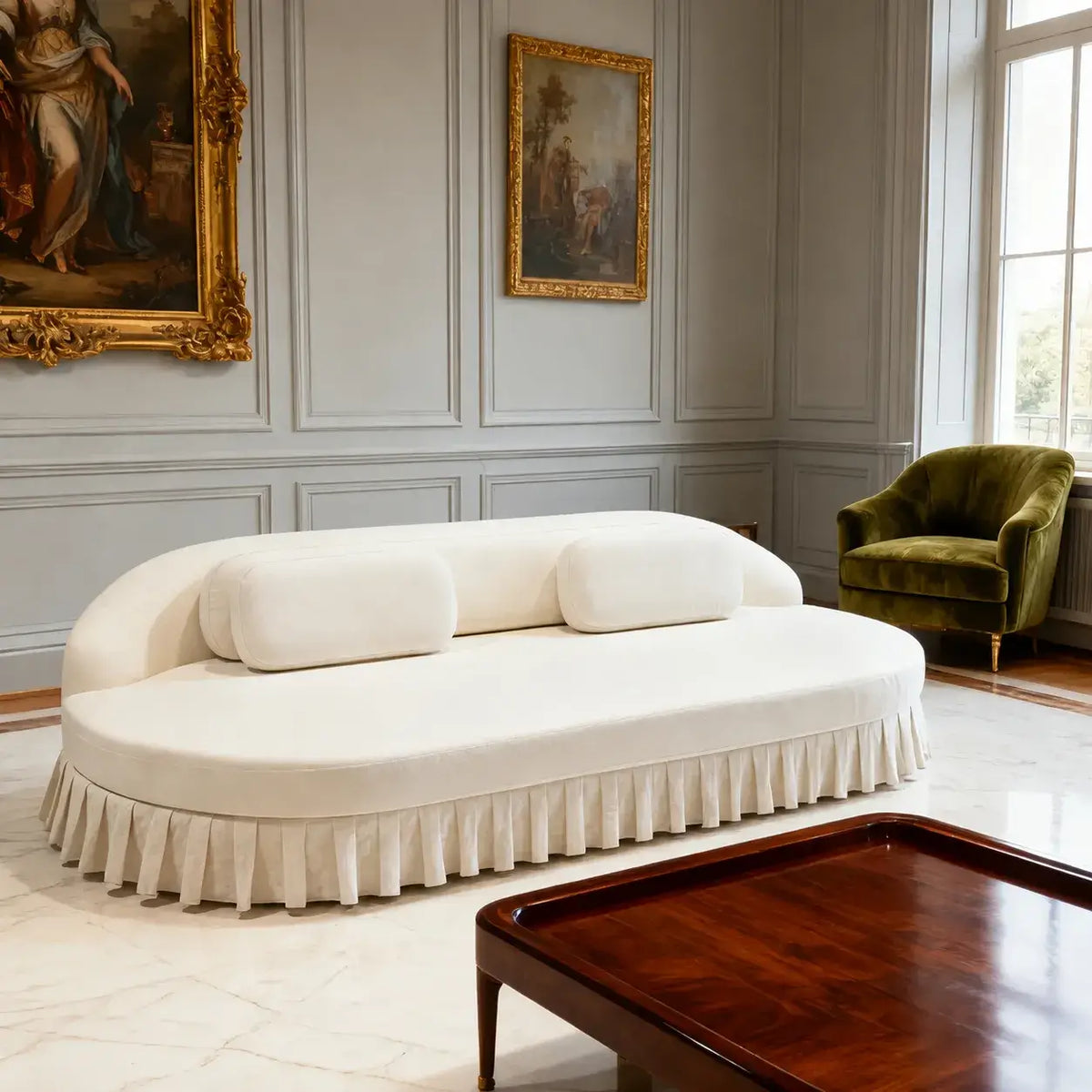 Sculptural Curved Ruffle Skirt Sofa With Wraparound Back and Low Profile Main Product Image Hauptbild
