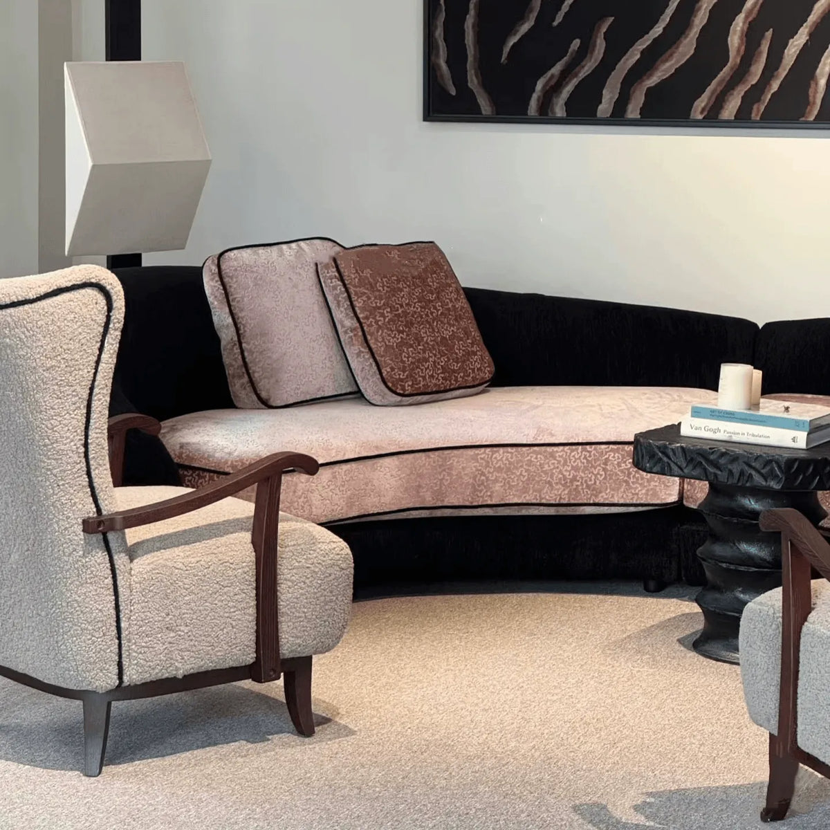 Sculptural Curved Sofa in Smoky Pink and Black for Statement Living