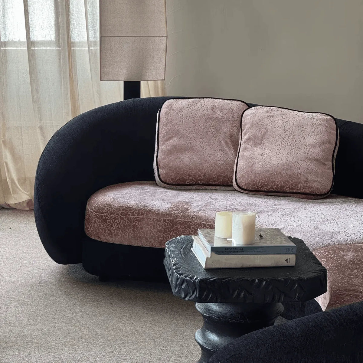 Sculptural Curved Sofa in Smoky Pink and Black for Statement Living