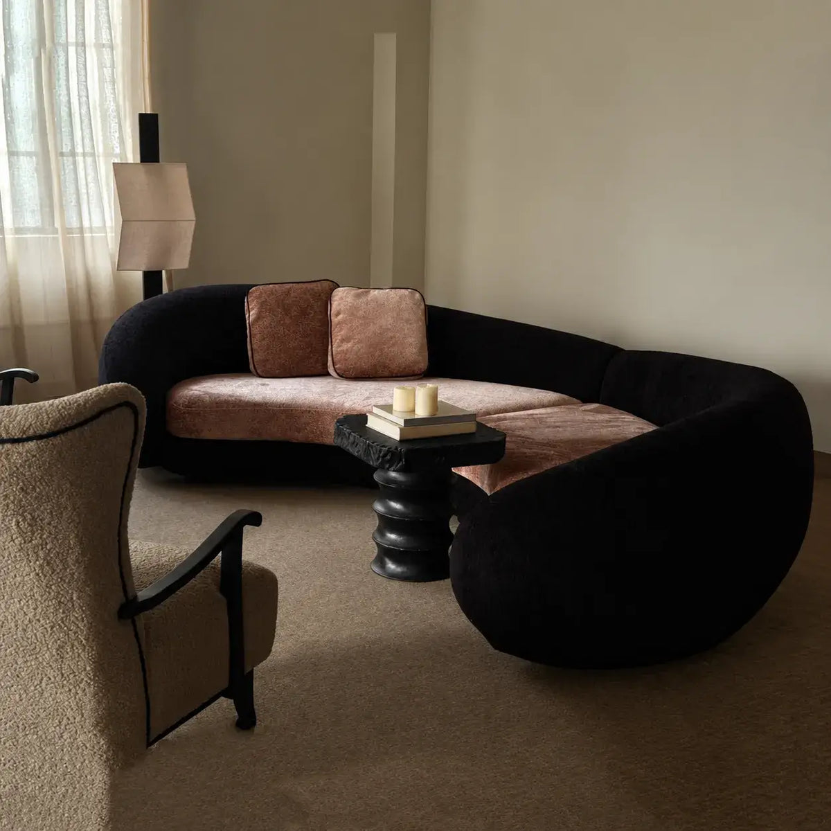 Sculptural Curved Sofa in Smoky Pink and Black for Statement Living