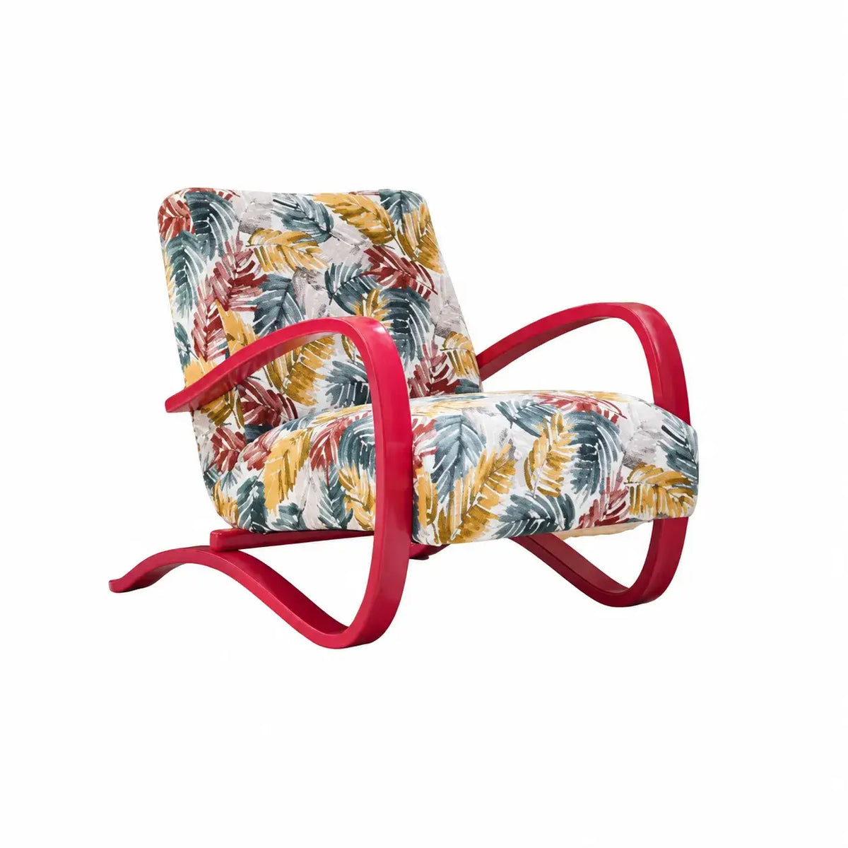 Sculptural Curved Wood Accent Chair in Vintage Tropical Jacquard