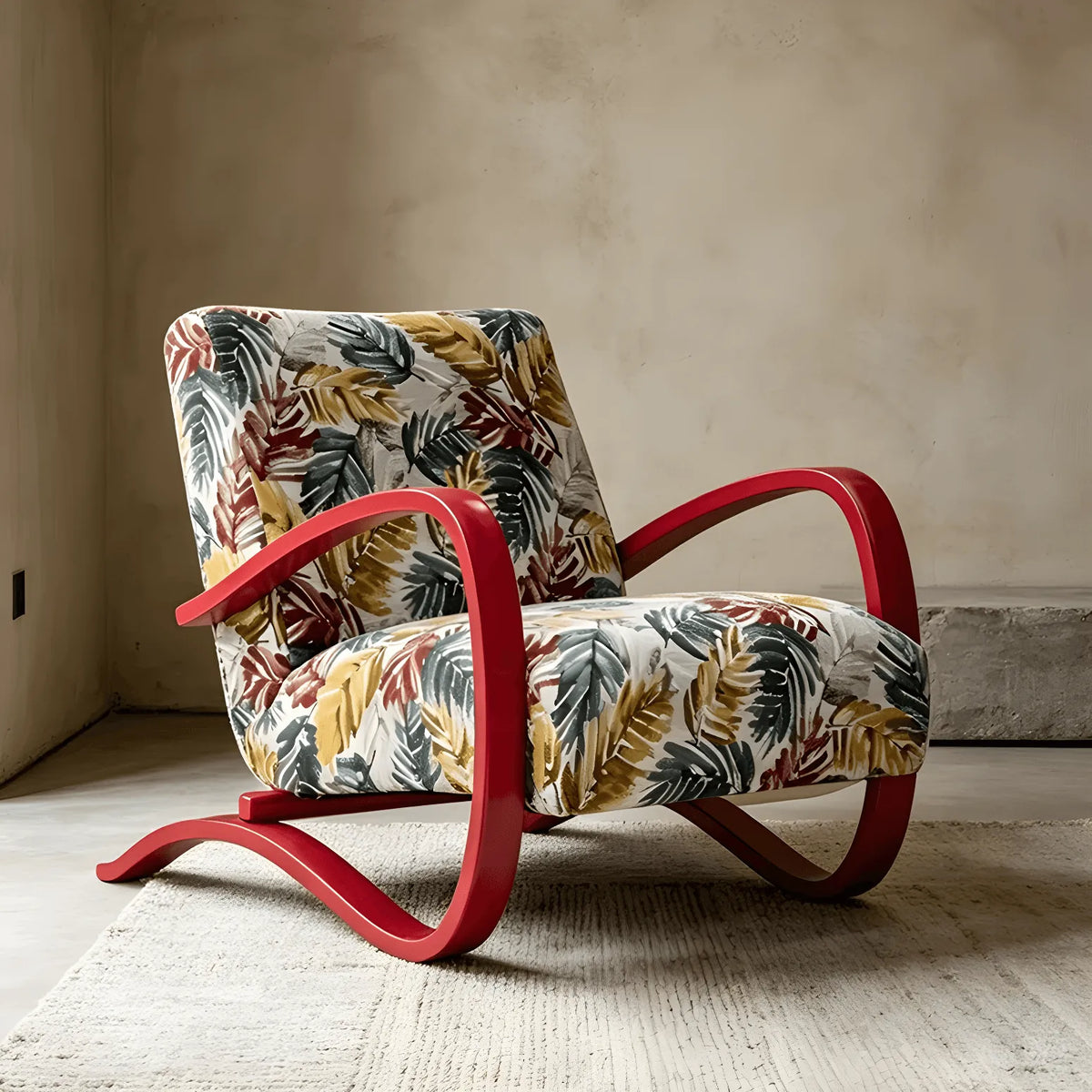Sculptural Curved Wood Accent Chair in Vintage Tropical Jacquard