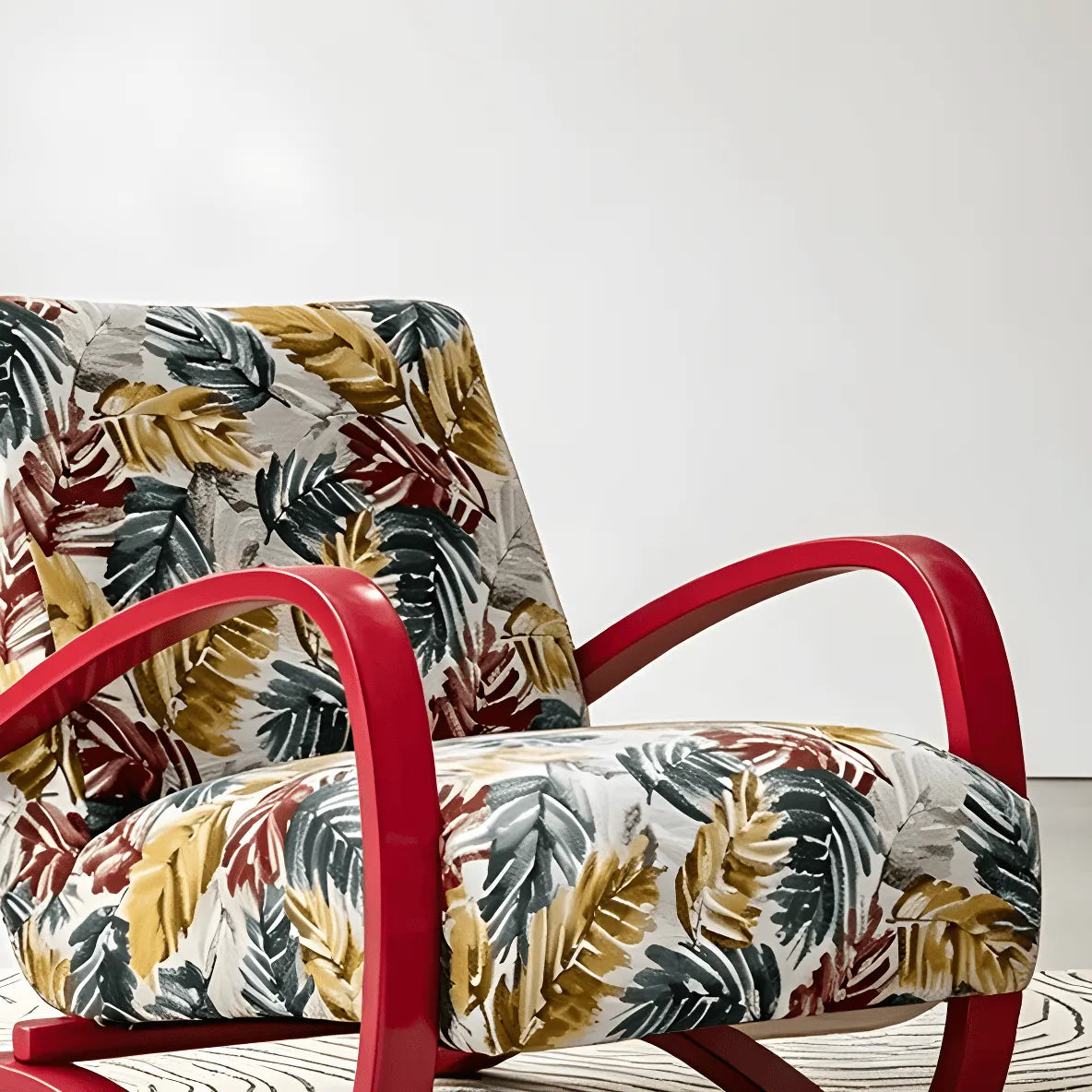 Sculptural Curved Wood Accent Chair in Vintage Tropical Jacquard
