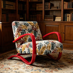 Sculptural Curved Wood Accent Chair in Vintage Tropical Jacquard