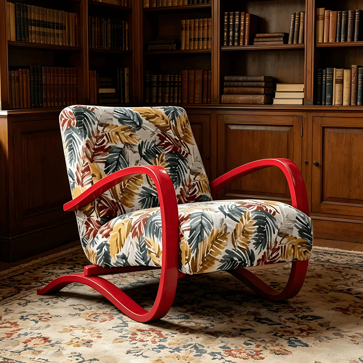 Sculptural Curved Wood Accent Chair in Vintage Tropical Jacquard