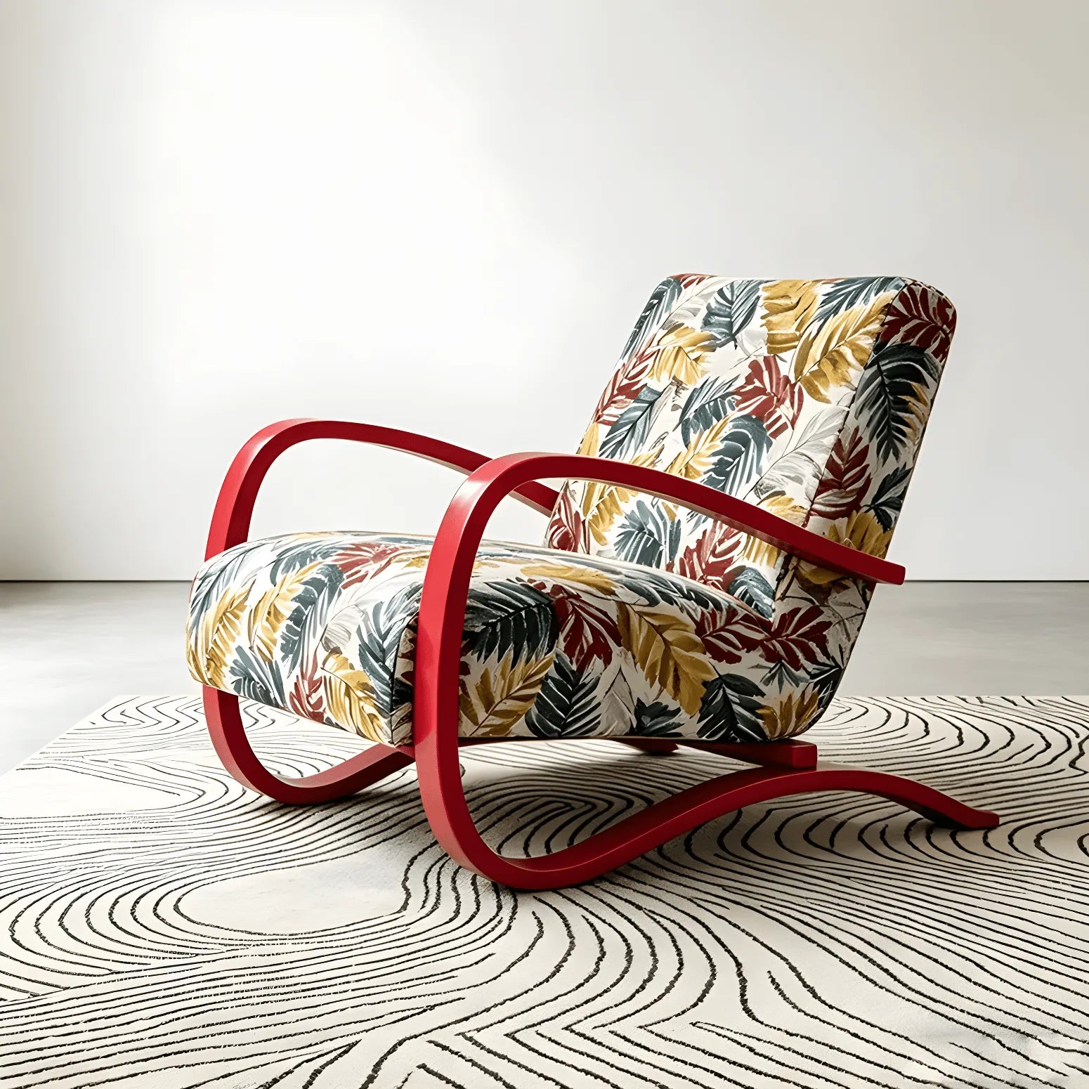Sculptural Curved Wood Accent Chair in Vintage Tropical Jacquard Secondary image