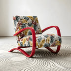 Sculptural Curved Wood Accent Chair in Vintage Tropical Jacquard Main Product Image
