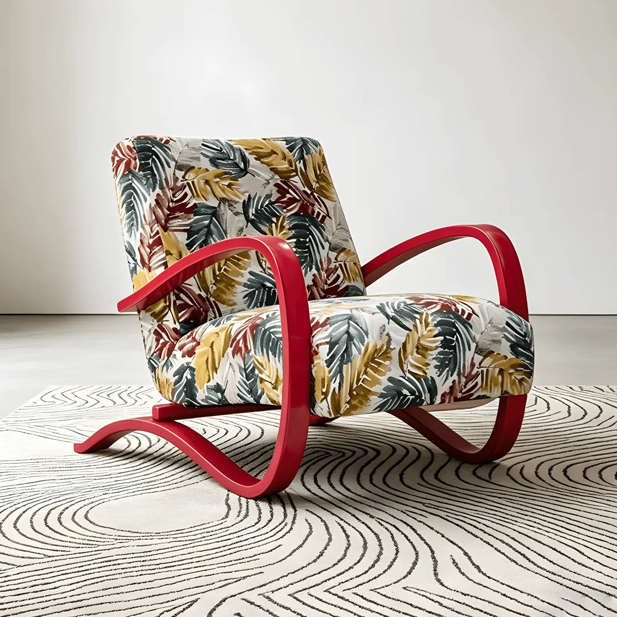 Sculptural Curved Wood Accent Chair in Vintage Tropical Jacquard Main Product Image