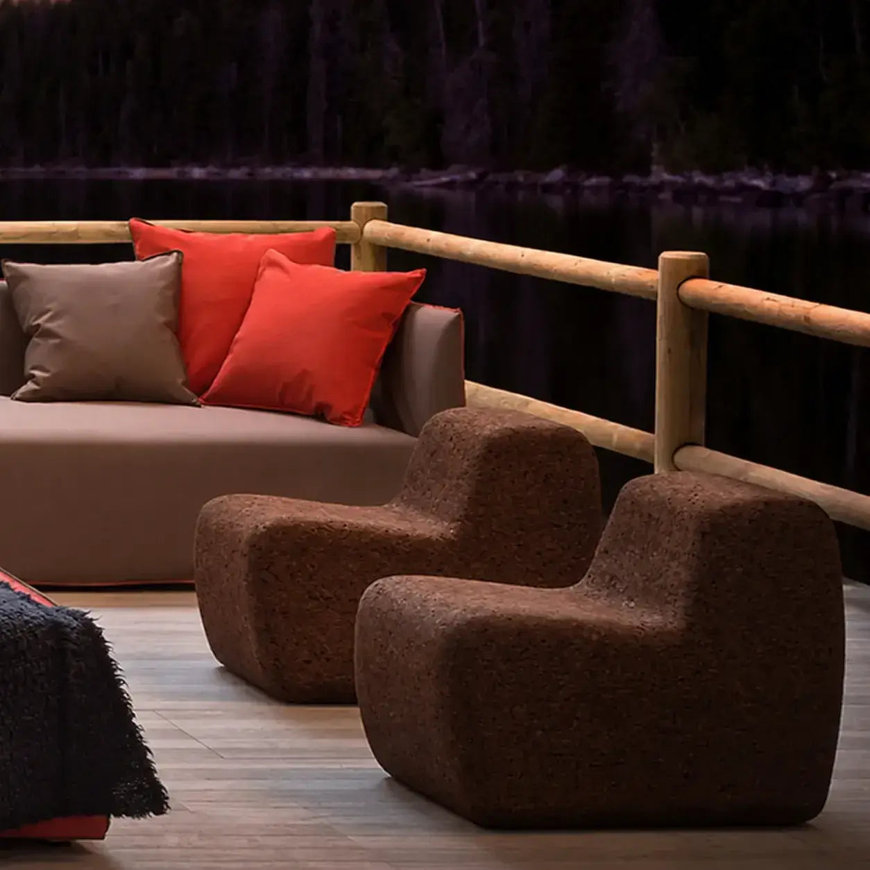 Sculptural Dark Cork Chair and Cork Stool Series with Rounded Forms