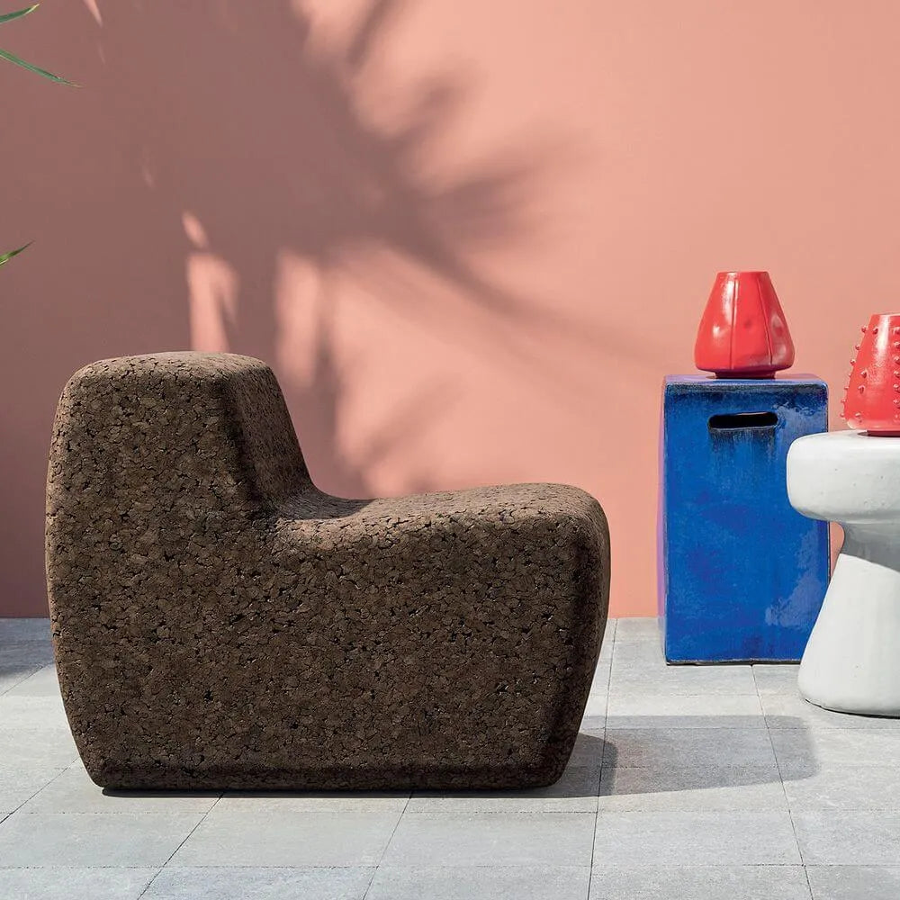 Sculptural Dark Cork Chair and Cork Stool Series with Rounded Forms