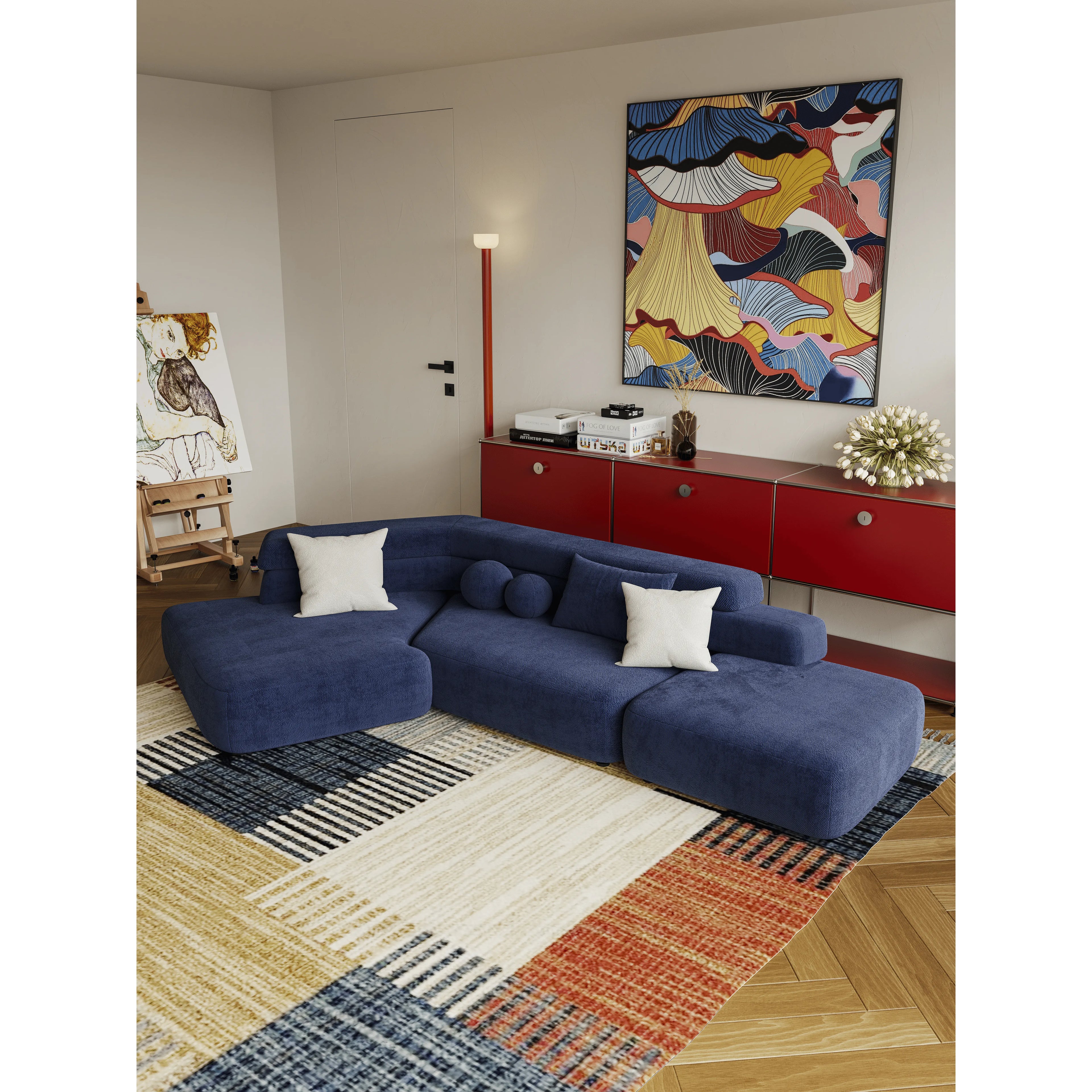 Sculptural Deep Blue Modular Chaise Lounge for Artistic Lounge Living Main Product Image