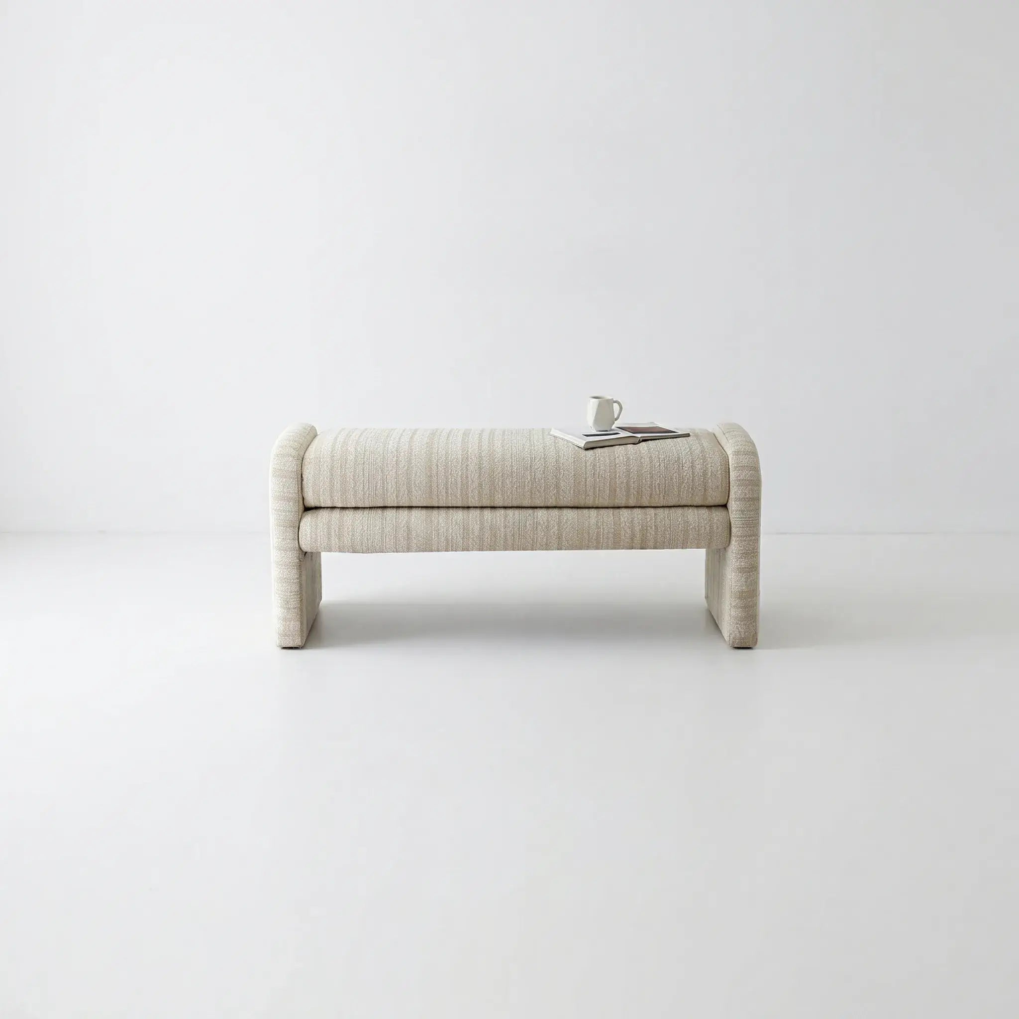 Sculptural Fabric Bedroom Bench with Solid Wood Frame and Textured Linen-Blend Upholstery