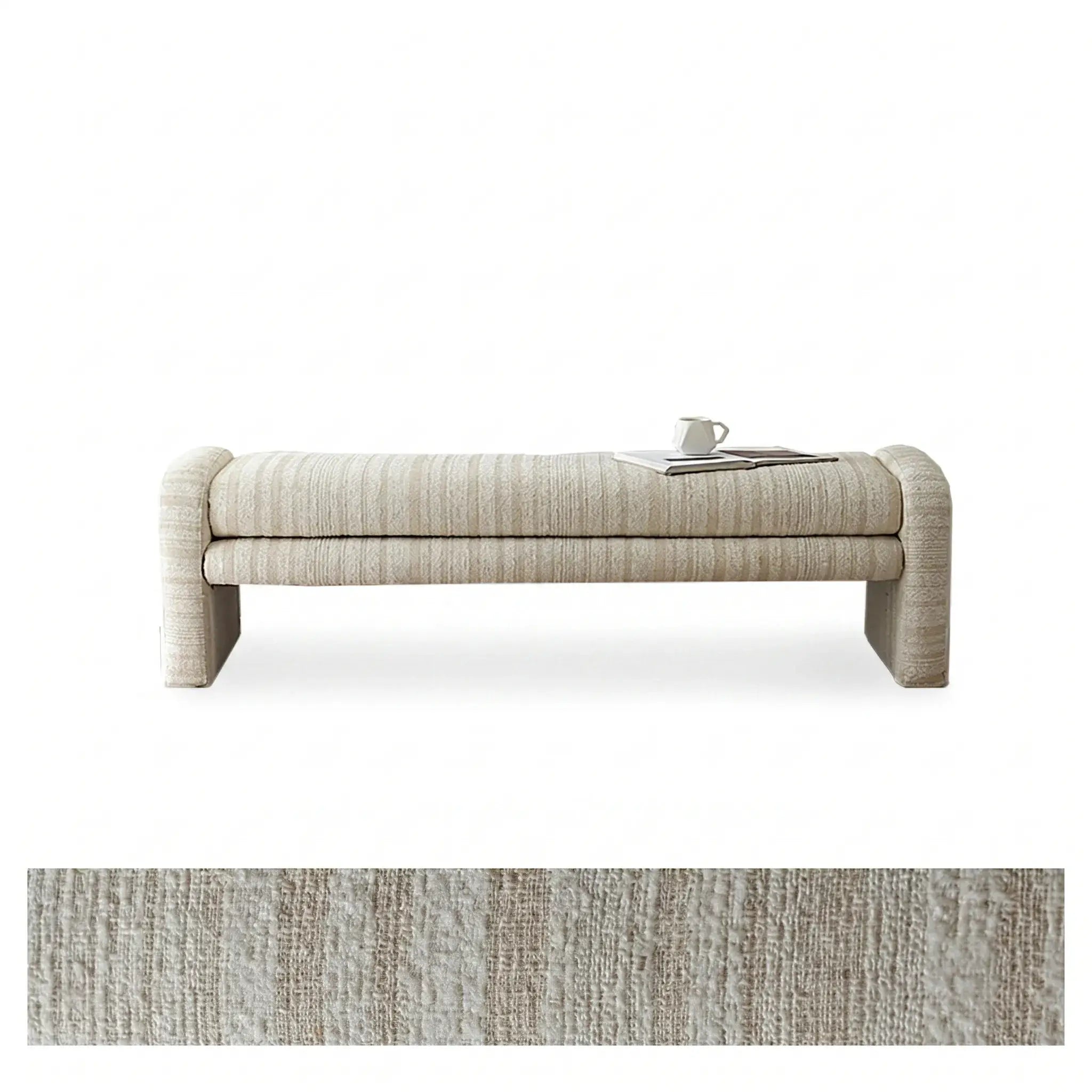 Sculptural Fabric Bedroom Bench with Solid Wood Frame and Textured Linen-Blend Upholstery