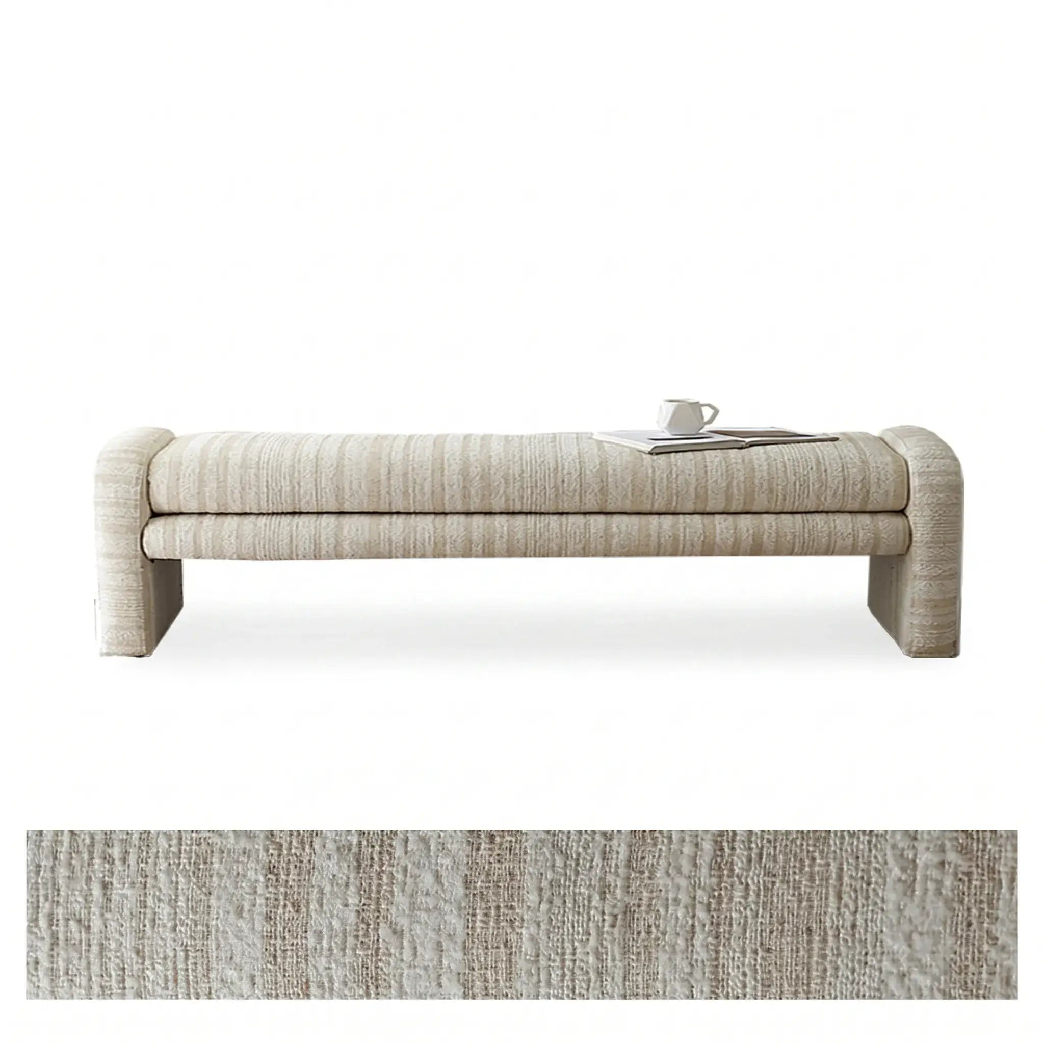 Sculptural Fabric Bedroom Bench with Solid Wood Frame and Textured Linen-Blend Upholstery