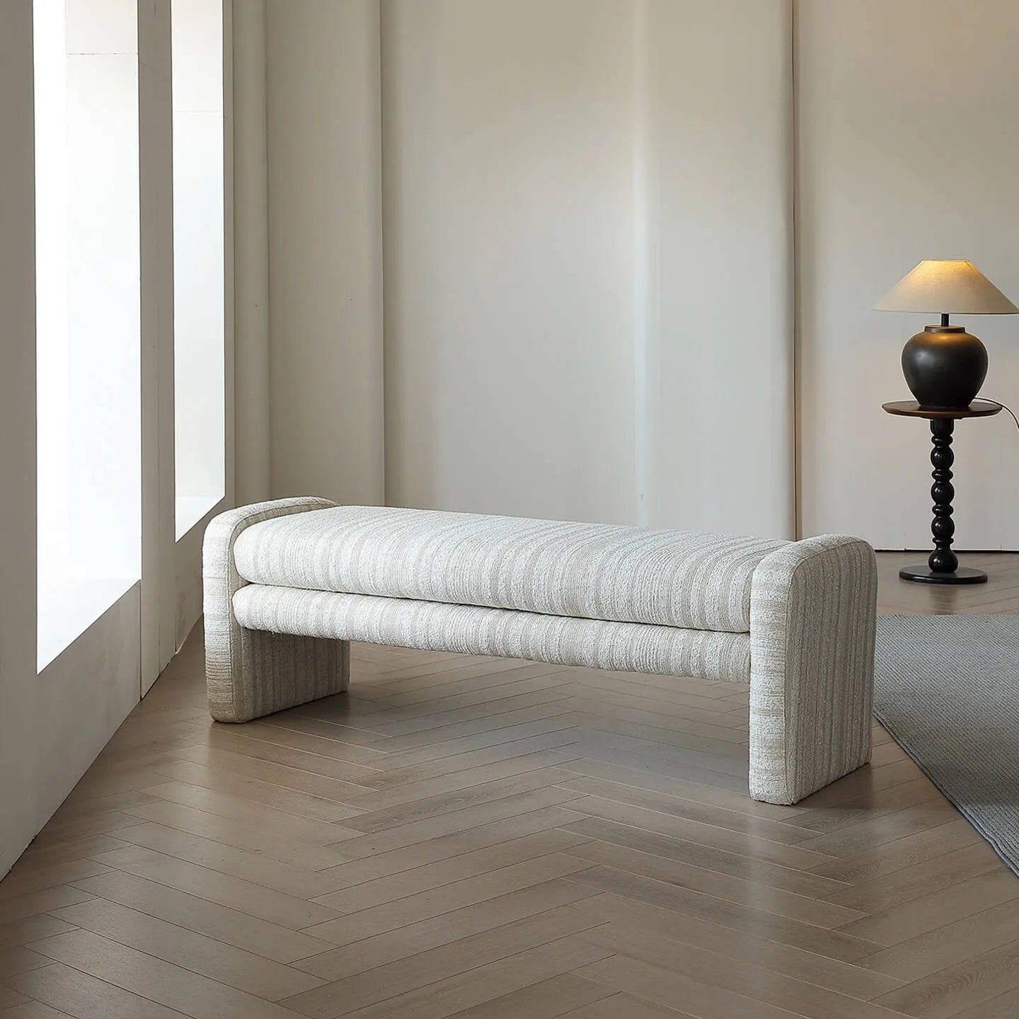 Sculptural Fabric Bedroom Bench with Solid Wood Frame and Textured Linen-Blend Upholstery Main Product Image Main image