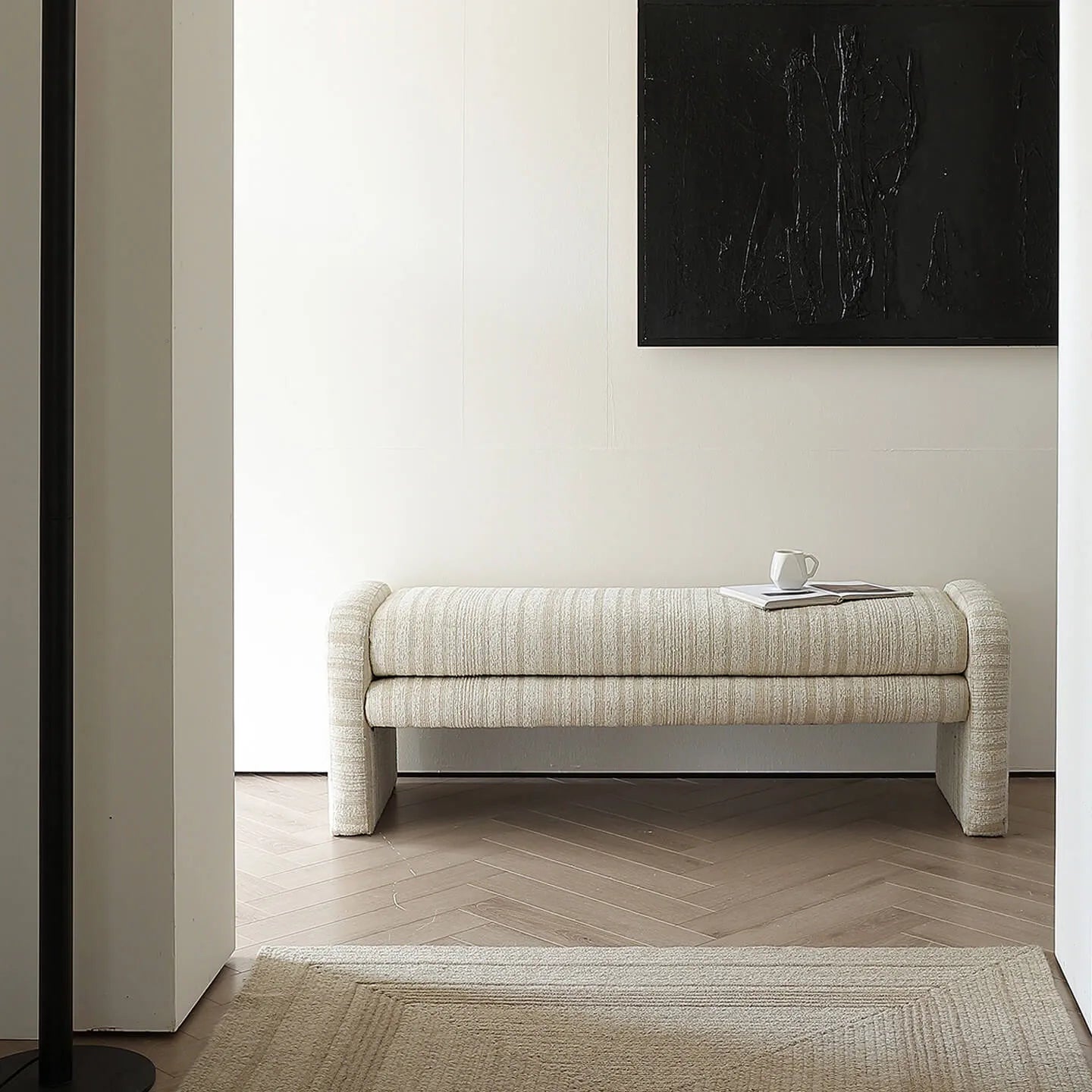 Sculptural Fabric Bedroom Bench with Solid Wood Frame and Textured Linen-Blend Upholstery