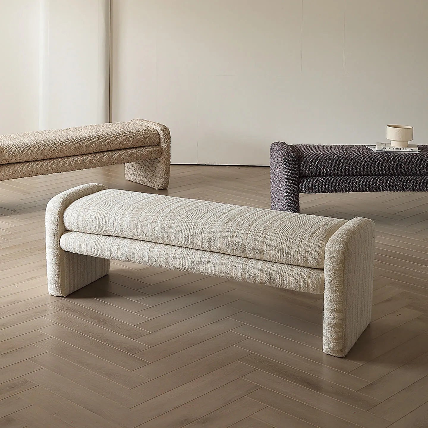 Sculptural Fabric Bedroom Bench with Solid Wood Frame and Textured Linen-Blend Upholstery