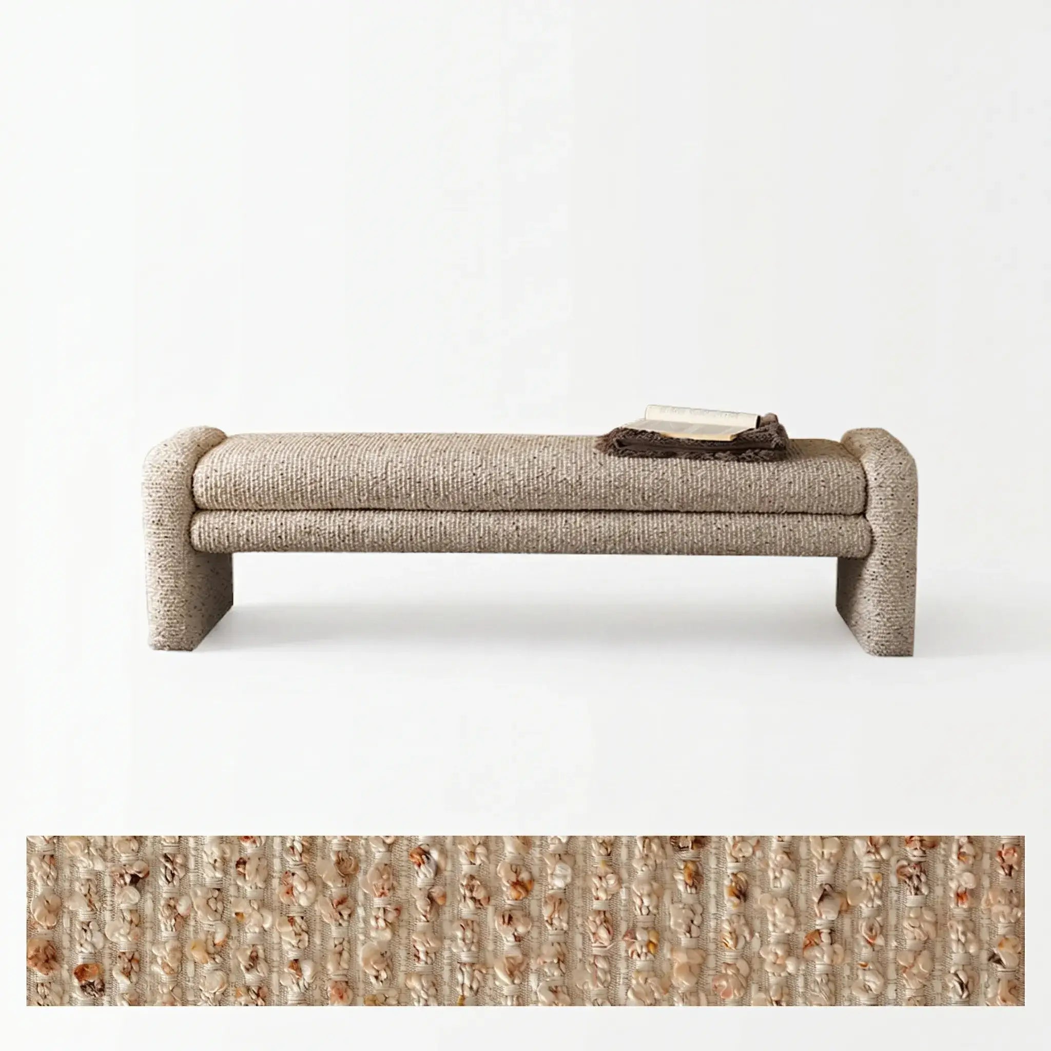 Sculptural Fabric Bedroom Bench with Solid Wood Frame and Textured Linen-Blend Upholstery