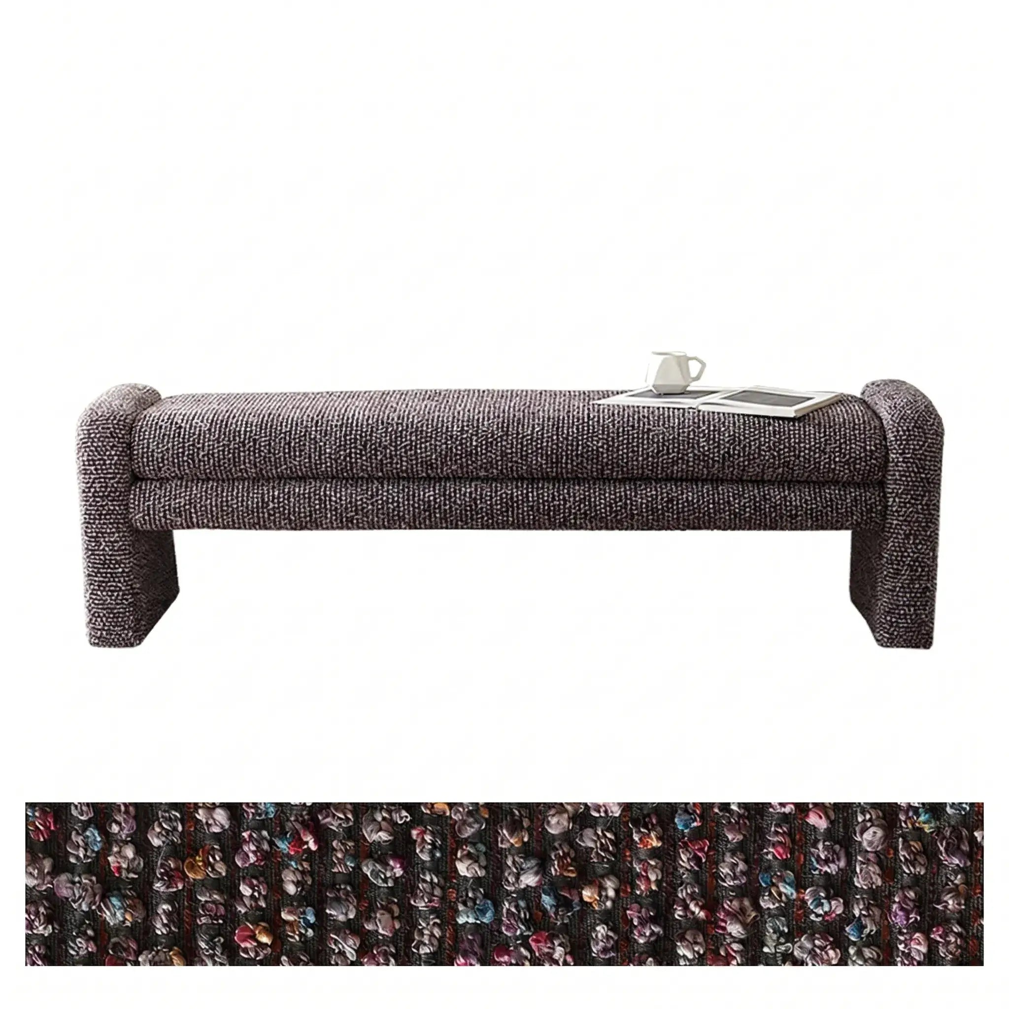 Sculptural Fabric Bedroom Bench with Solid Wood Frame and Textured Linen-Blend Upholstery