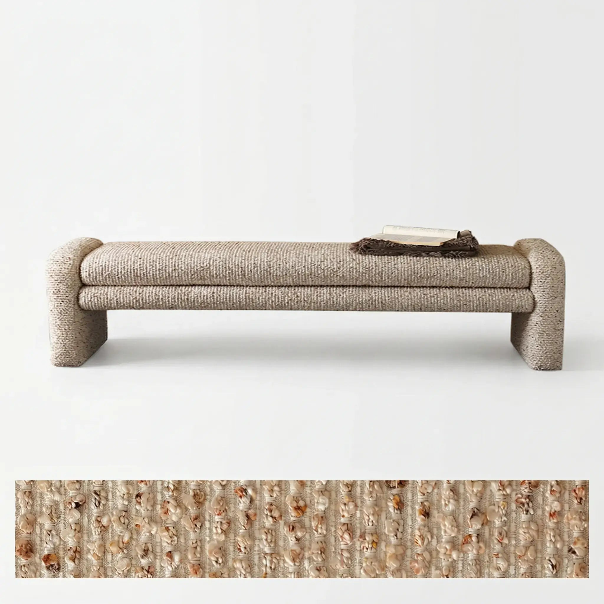 Sculptural Fabric Bedroom Bench with Solid Wood Frame and Textured Linen-Blend Upholstery