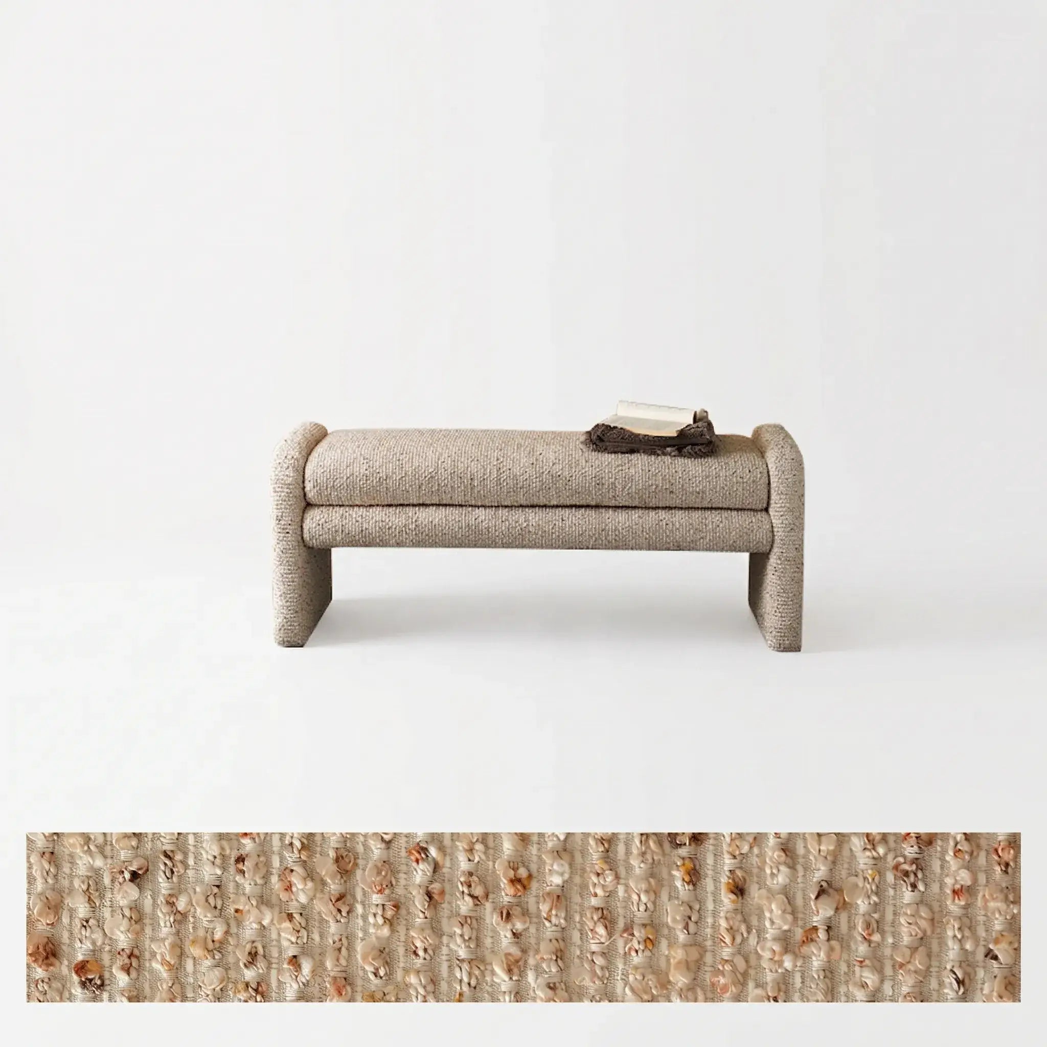 Sculptural Fabric Bedroom Bench with Solid Wood Frame and Textured Linen-Blend Upholstery