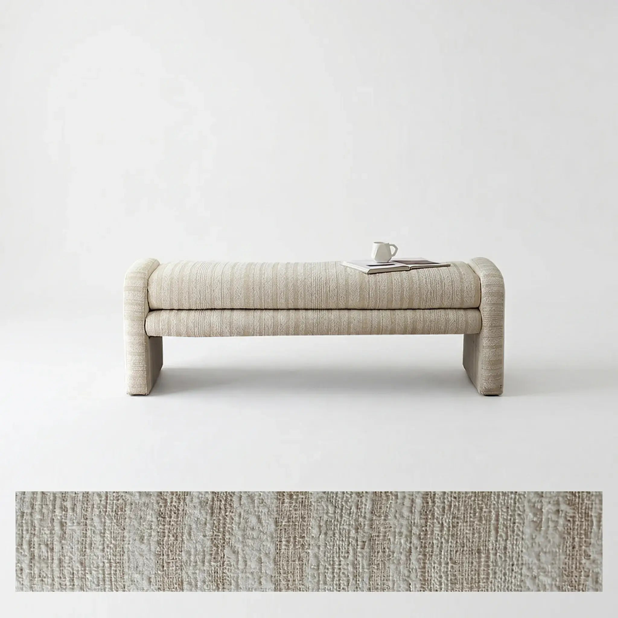 Sculptural Fabric Bedroom Bench with Solid Wood Frame and Textured Linen-Blend Upholstery